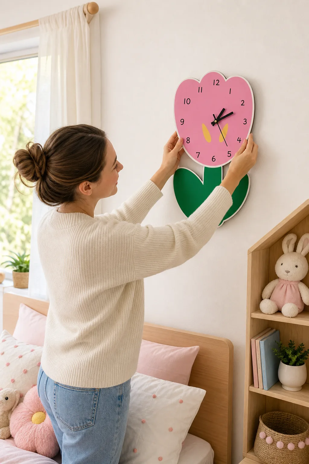 Parent Hanging Pink Flower Wall Clock in Kids Bedroom Parent Hanging Pink Flower Wall Clock in Kids Bedroom