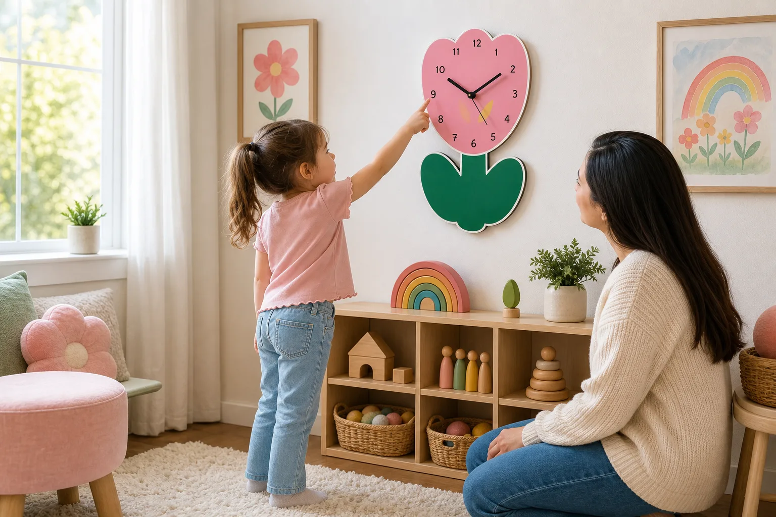 Child Pointing at Cute Pink Flower Clock Child Pointing at Cute Pink Flower Clock