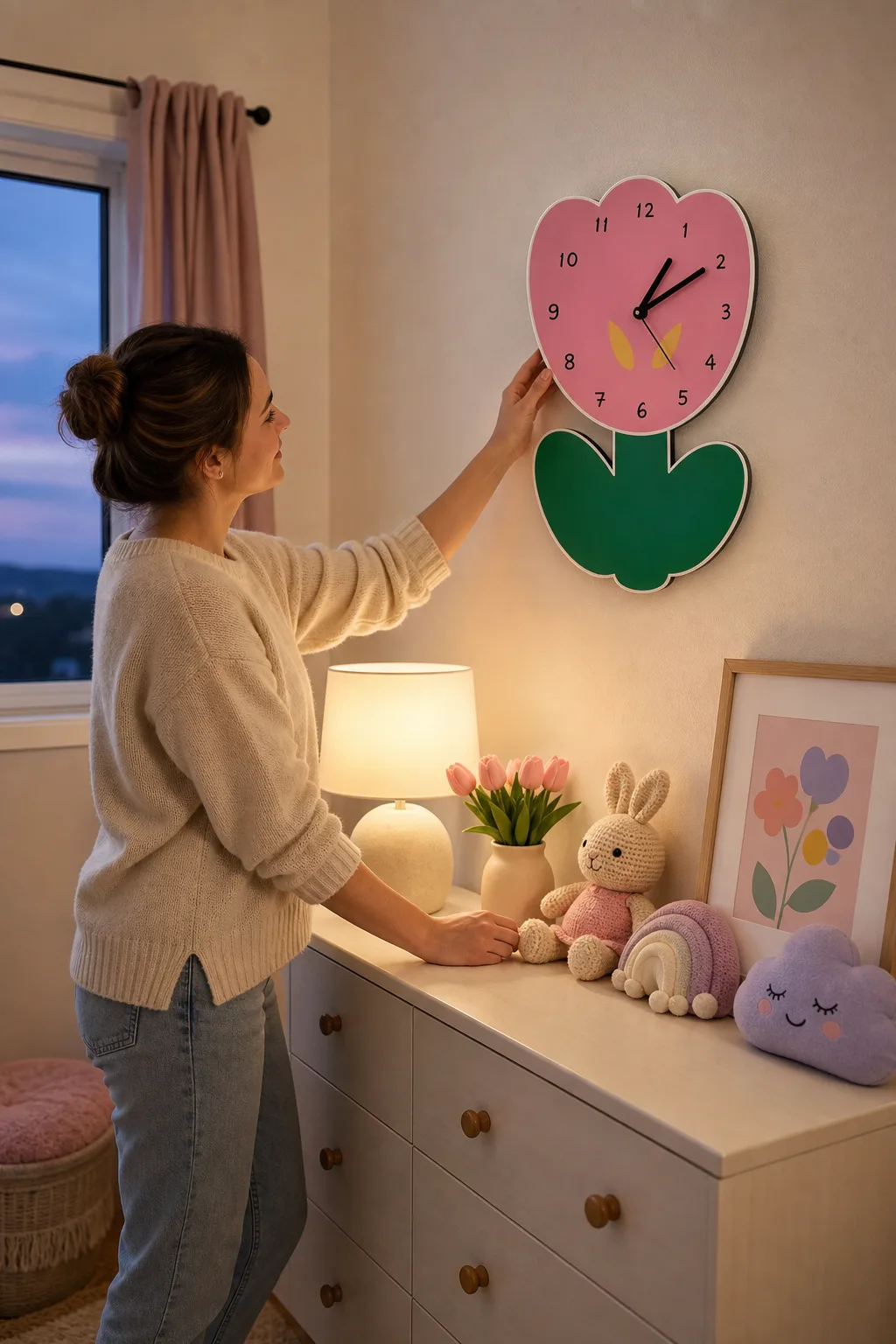 Person Arranging Nursery Decor Around Pink Flower Clock Person Arranging Nursery Decor Around Pink Flower Clock