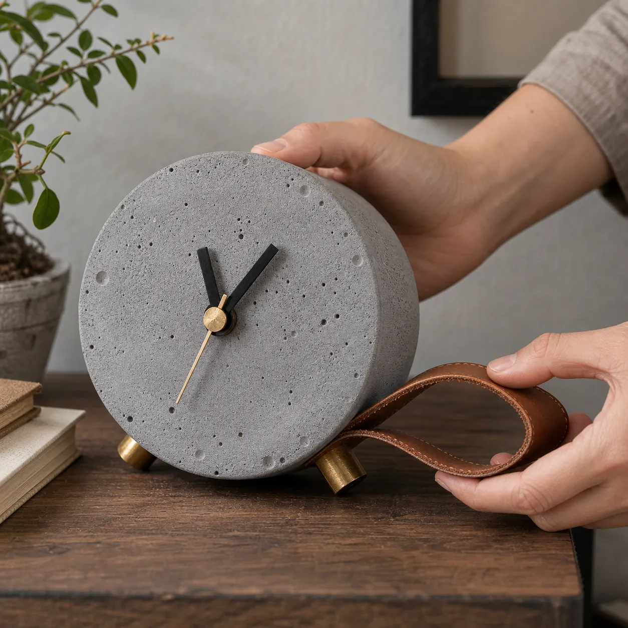 Close-Up of Concrete Clock with Leather Strap Hands adjusting the brown leather strap on a gray concrete clock with brass feet and black hands