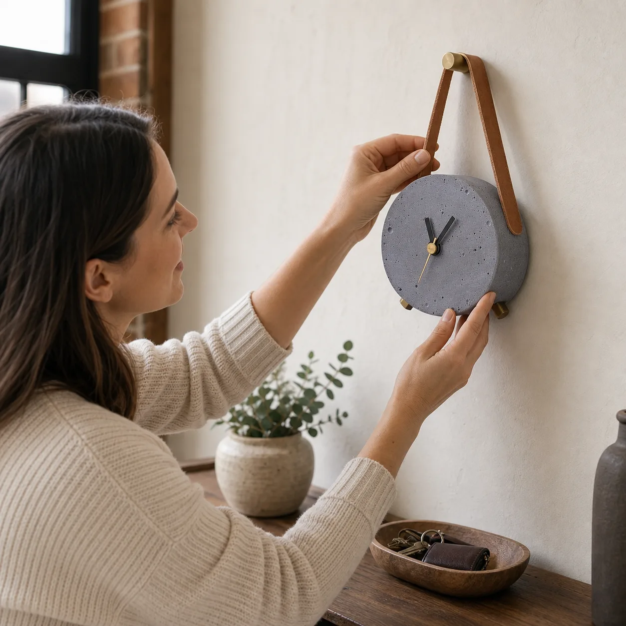 Concrete Leather Strap Clock Hung on a Wall Concrete Leather Strap Clock Hung on a Wall
