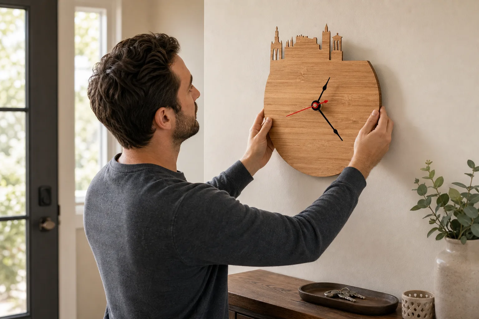 Bamboo and Walnut Skyline Wall Clock in an Entryway Bamboo and Walnut Skyline Wall Clock in an Entryway