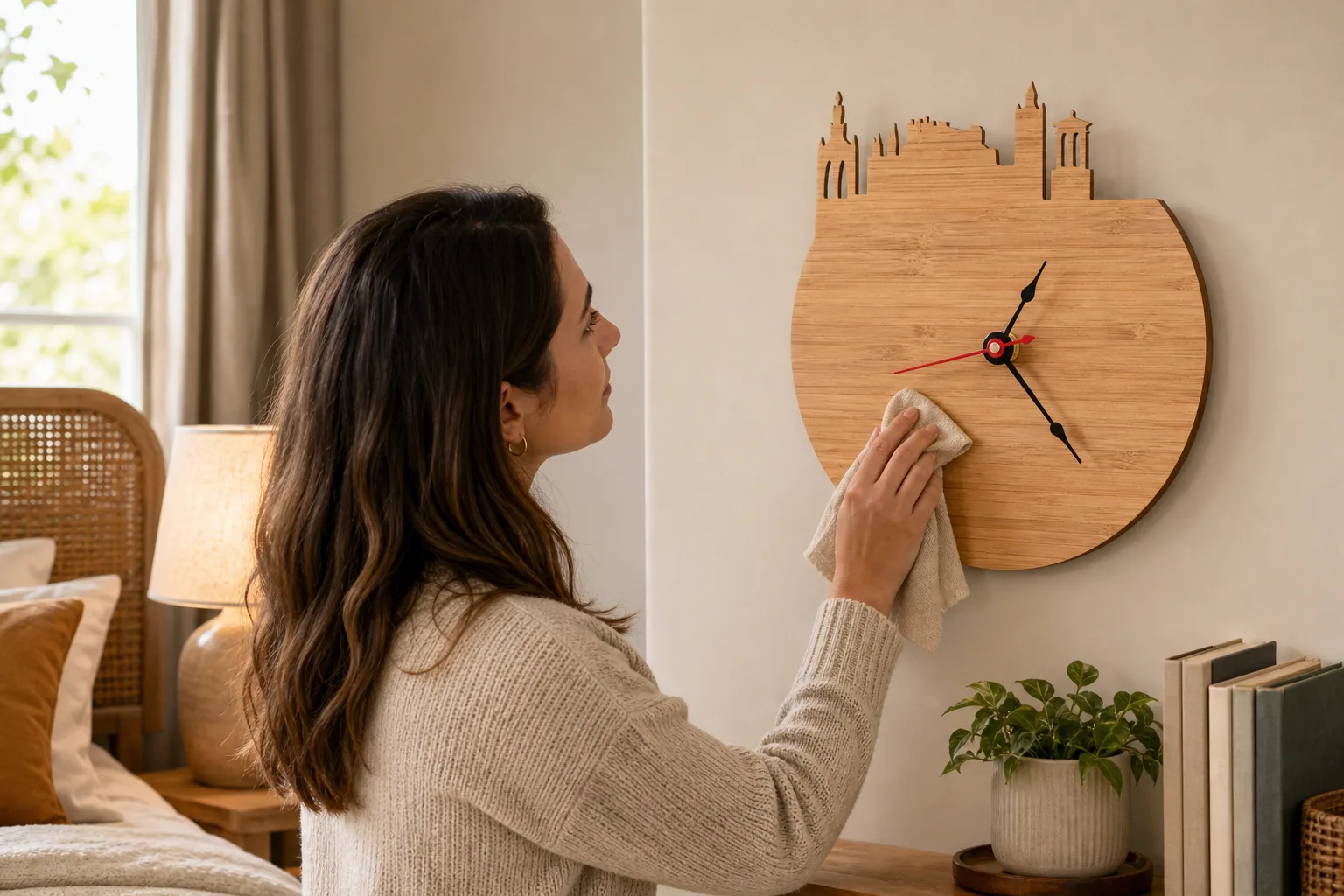 Wood Skyline Wall Clock in a Bedroom Reading Corner Wood Skyline Wall Clock in a Bedroom Reading Corner