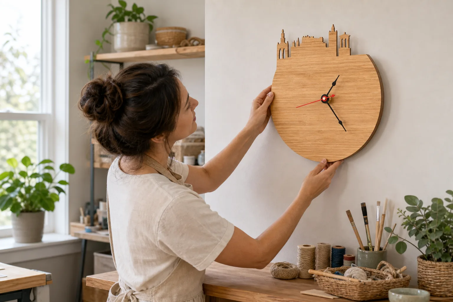 Skyline Wood Clock in a Creative Studio Skyline Wood Clock in a Creative Studio