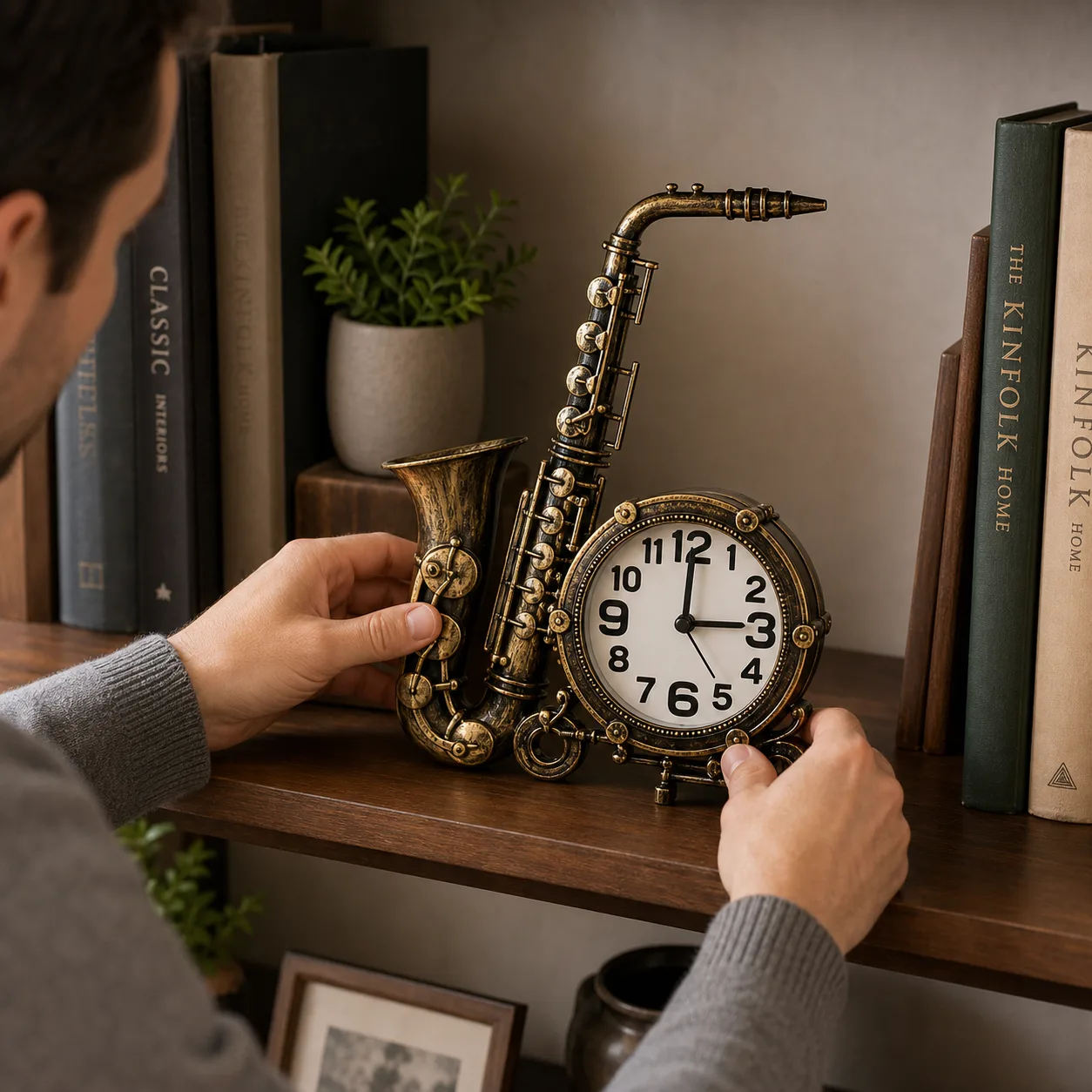 Placing vintage saxophone desk clock on shelf Placing vintage saxophone desk clock on shelf