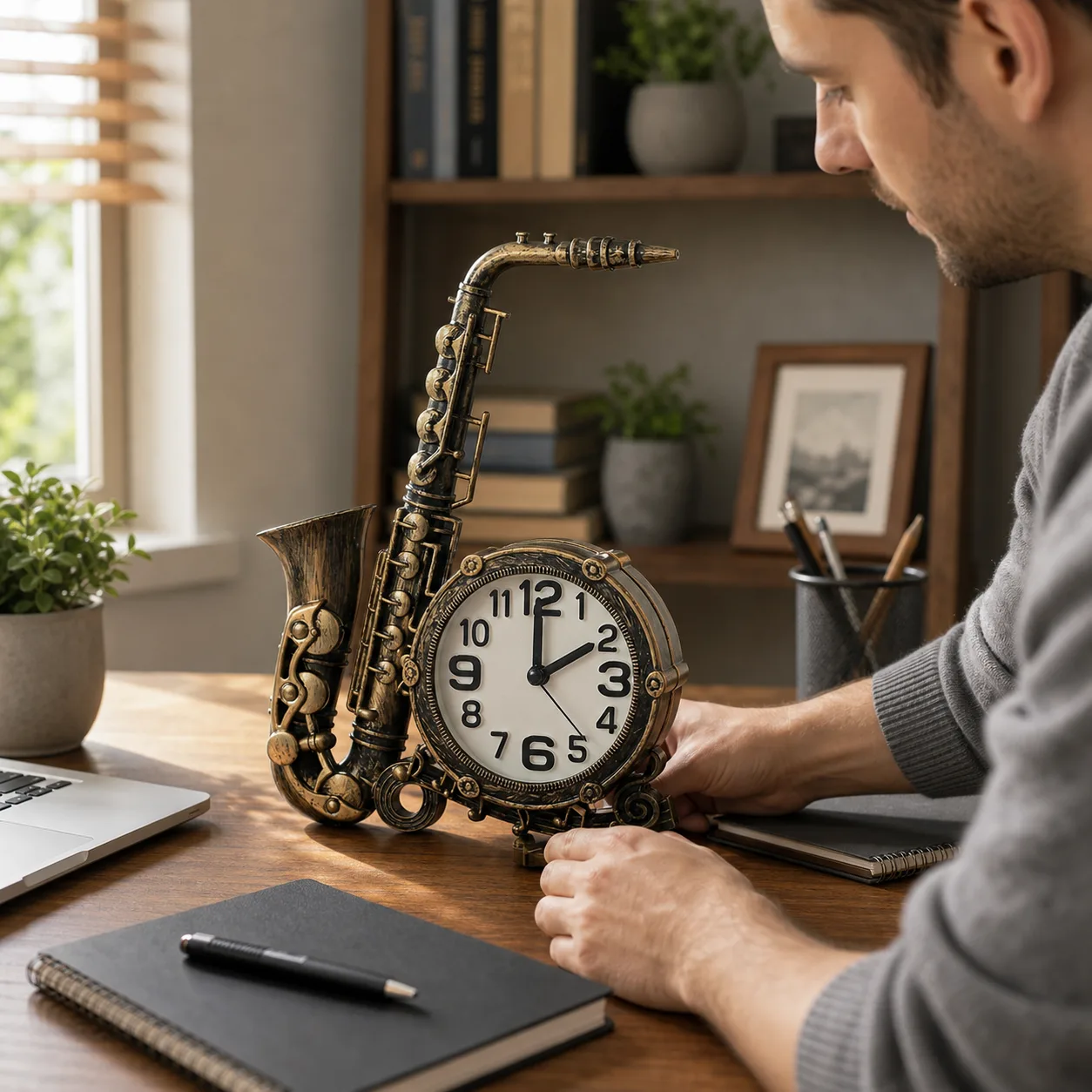Setting saxophone desk clock on home office desk Setting saxophone desk clock on home office desk