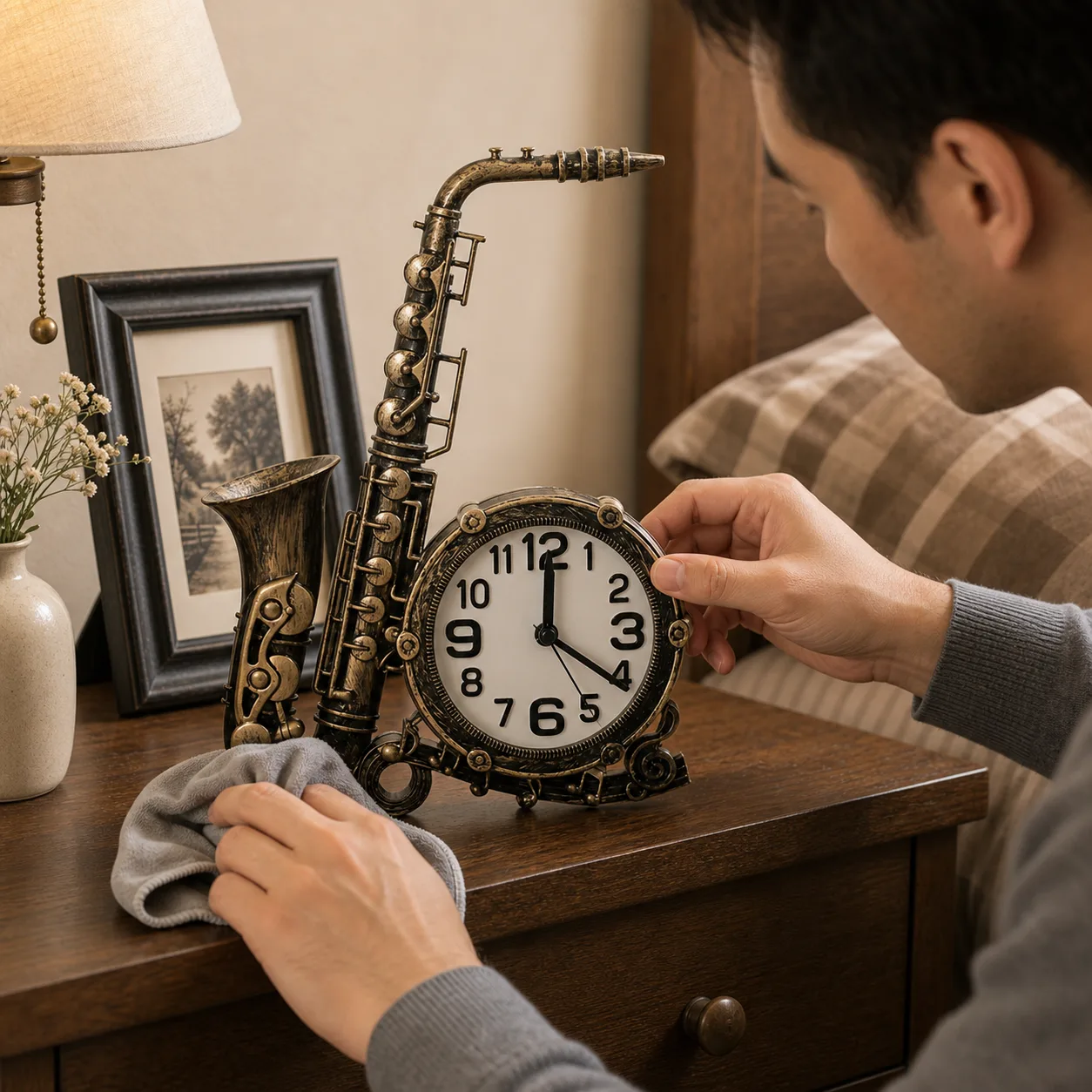 Adjusting vintage saxophone desk clock on dresser Adjusting vintage saxophone desk clock on dresser