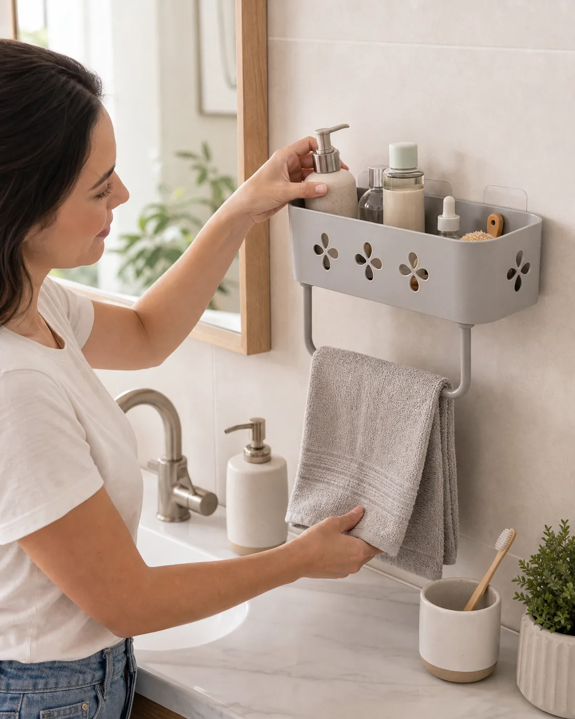 Bathroom toiletries and towel storage Bathroom toiletries and towel storage