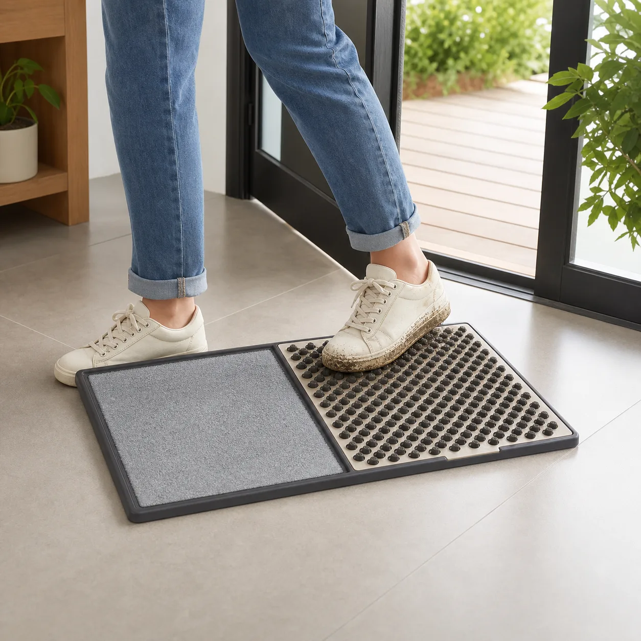 Entryway shoe cleaning with 2-in-1 floor mat Person wiping a muddy sneaker on the raised scrub side of a two-panel entryway floor mat