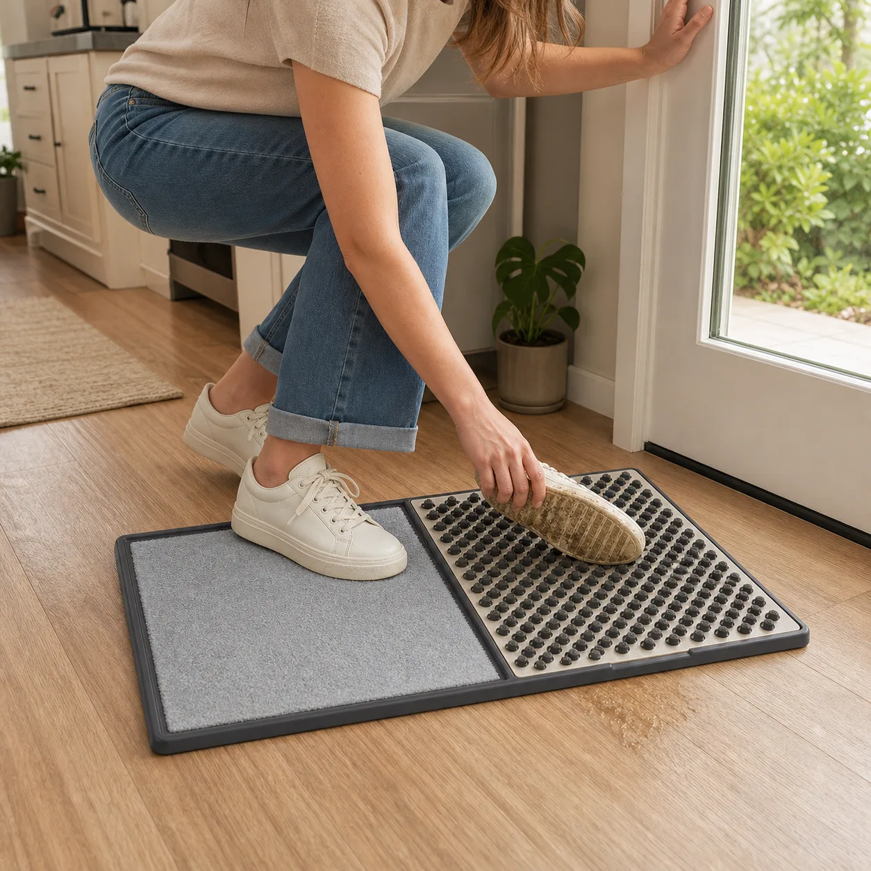 Kitchen mudroom shoe cleaning mat in use Person crouching to scrub a sneaker sole on a two-panel mat near a back door