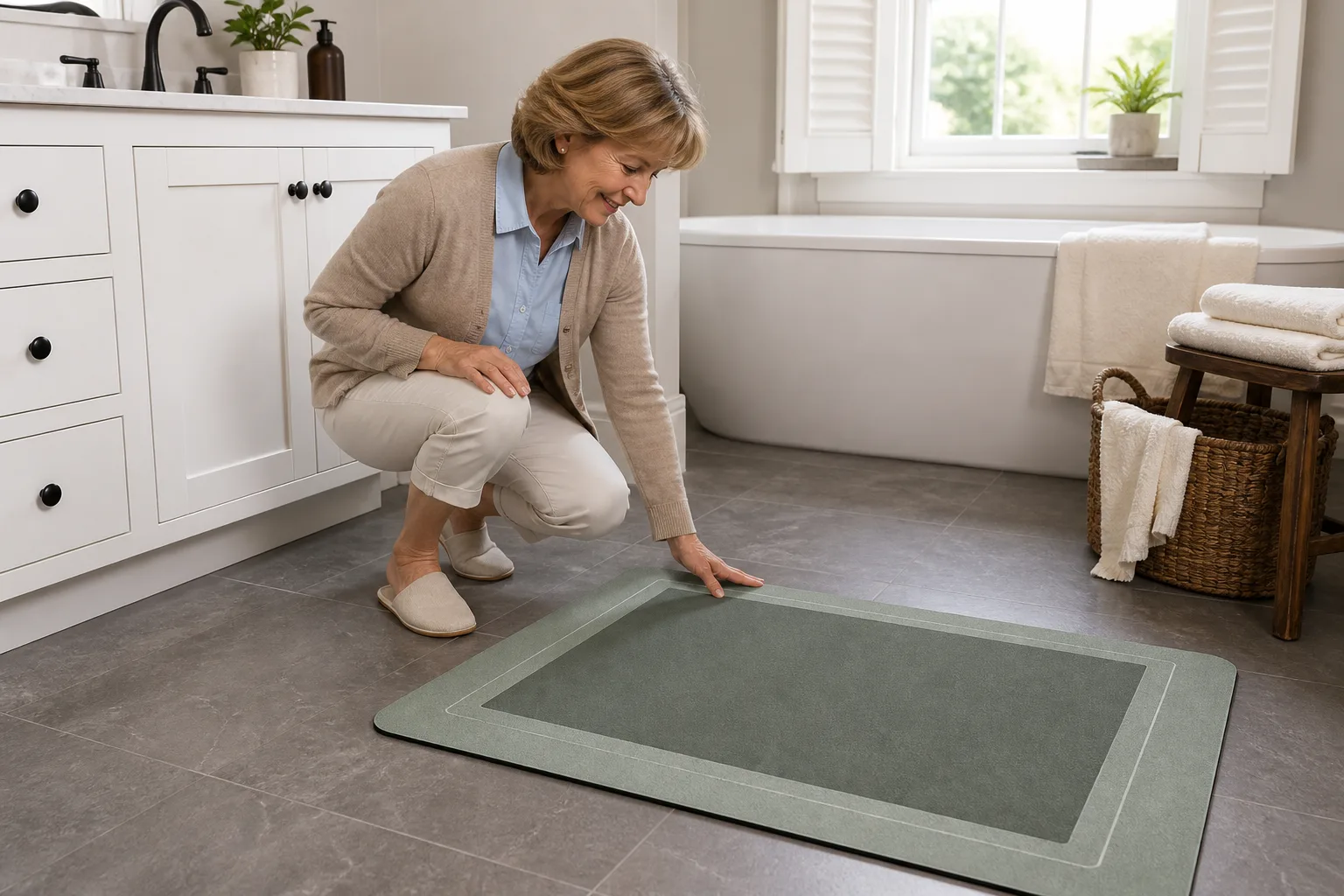 Smoothing the Mat Near the Vanity Smoothing the Mat Near the Vanity