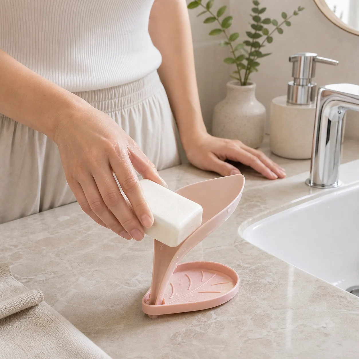 Leaf Shaped Soap Holder in a Warm Vanity Setting Leaf Shaped Soap Holder in a Warm Vanity Setting