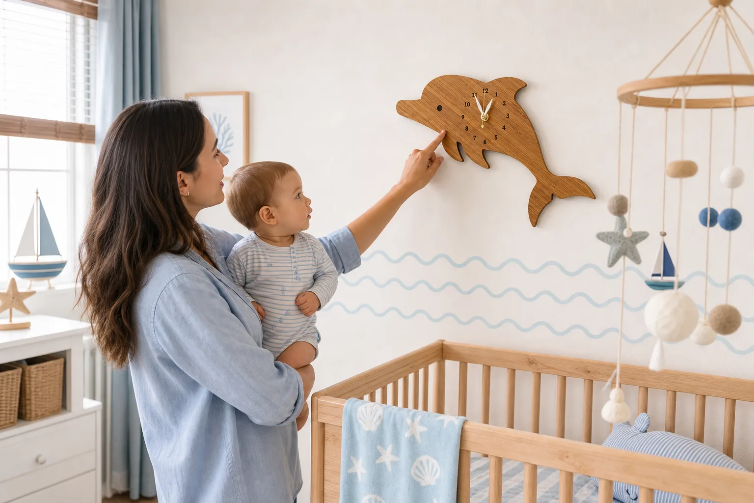Dolphin Bamboo Wall Clock in Coastal Nursery Dolphin Bamboo Wall Clock in Coastal Nursery