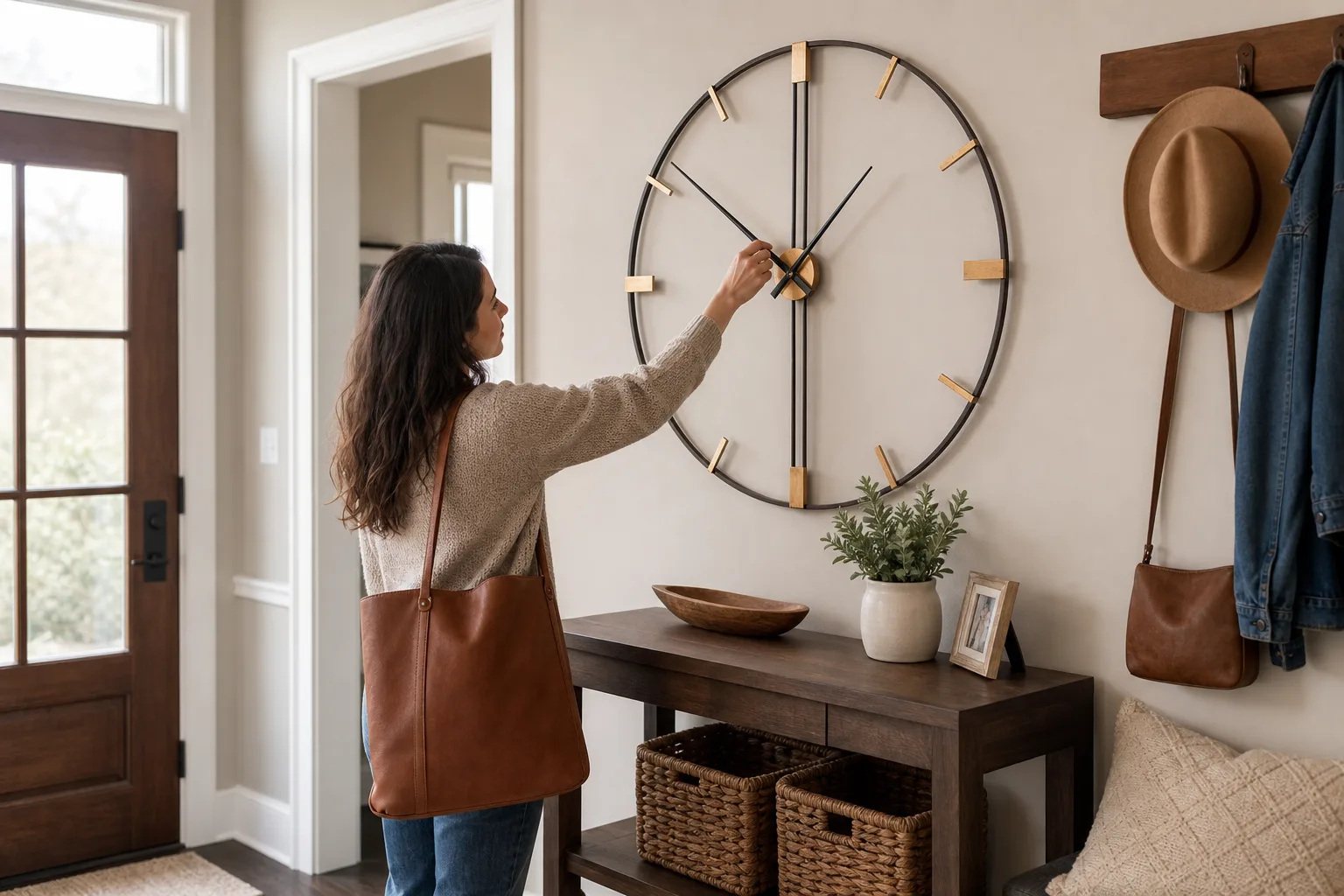 Large Minimalist Industrial Wall Clock in a Modern Entryway Large Minimalist Industrial Wall Clock in a Modern Entryway