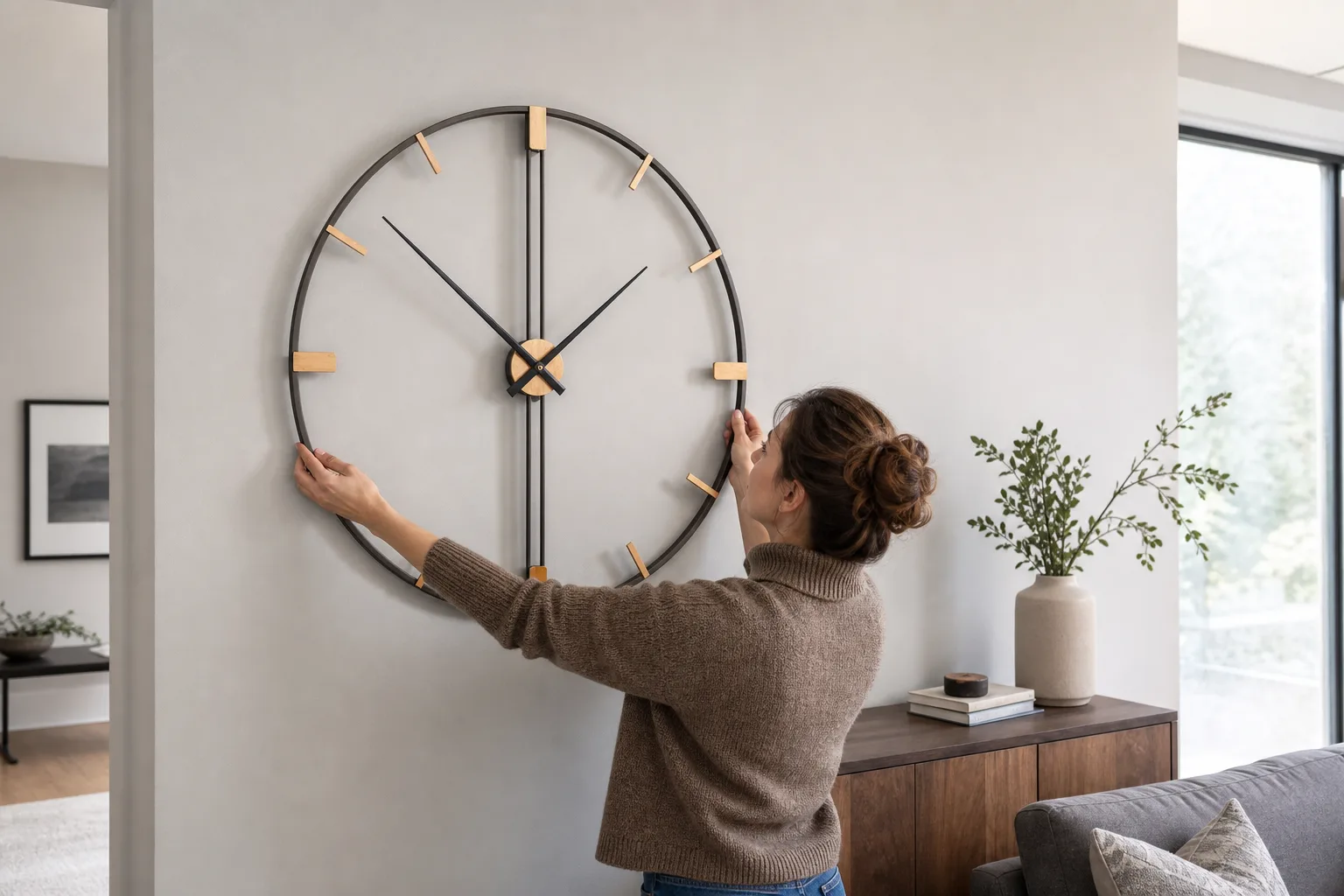 Large Minimalist Industrial Wall Clock Being Hung Large Minimalist Industrial Wall Clock Being Hung