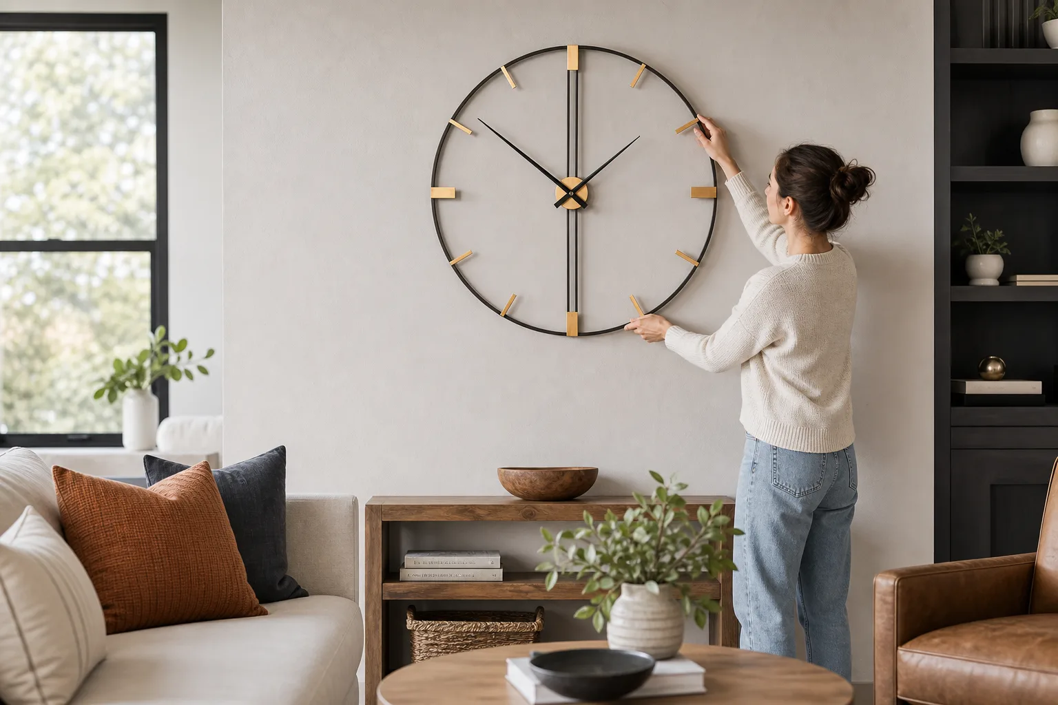 Large Minimalist Industrial Wall Clock in a Modern Living Room Large Minimalist Industrial Wall Clock in a Modern Living Room