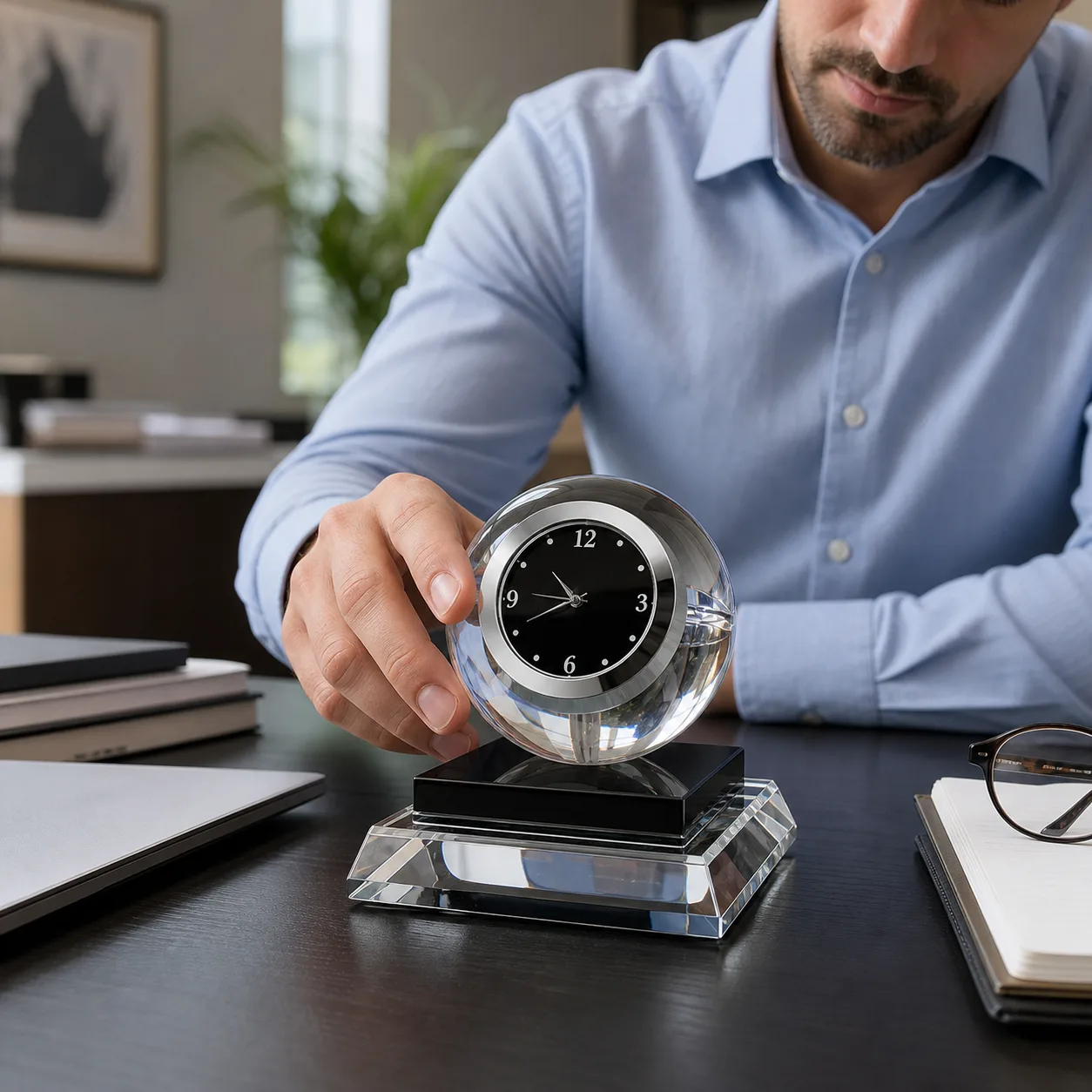 Crystal Ball Desk Clock in Modern Office Crystal Ball Desk Clock in Modern Office
