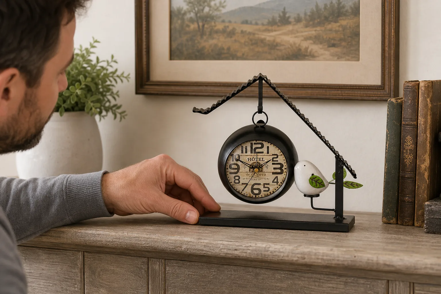 Vintage Metal Bird House Desk Clock Arranged on a Console Vintage Metal Bird House Desk Clock Arranged on a Console