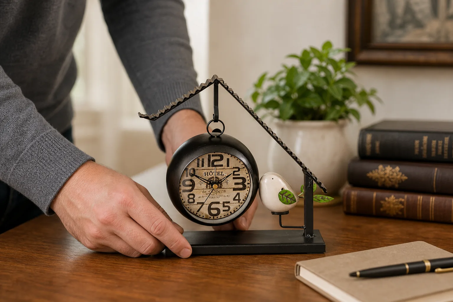 Vintage Metal Bird House Desk Clock Being Placed on a Desk Vintage Metal Bird House Desk Clock Being Placed on a Desk