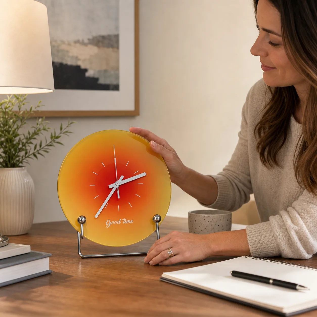 Sunset Glass Desk Clock on Home Office Desk Sunset Glass Desk Clock on Home Office Desk