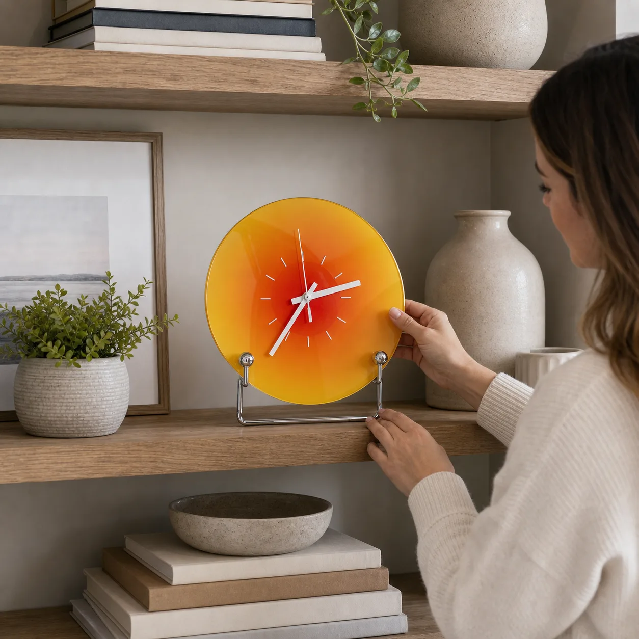 Sunset Glass Clock on Styled Shelf Sunset Glass Clock on Styled Shelf