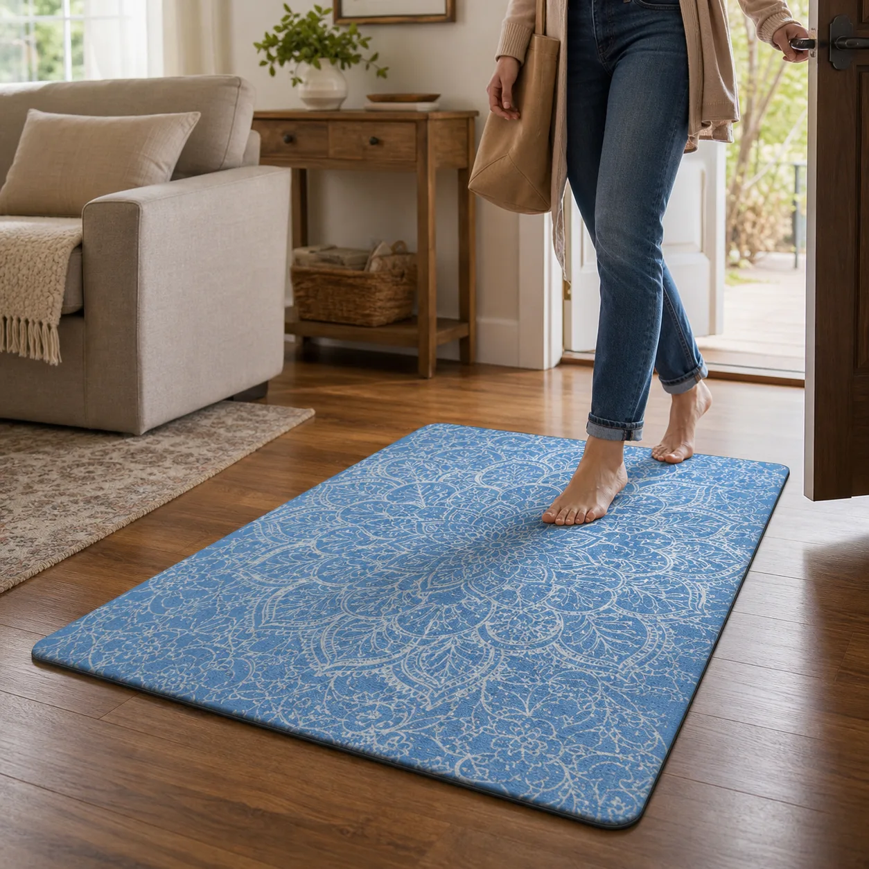 Blue Mandala Mat at Living Room Entry Blue Mandala Mat at Living Room Entry