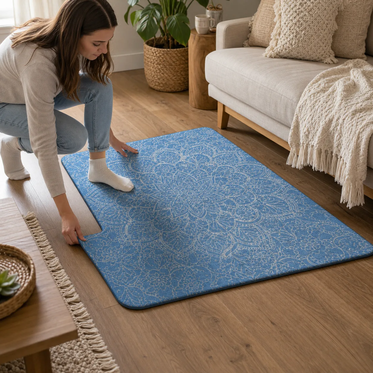 Boho Blue Floor Mat Beside Sofa Boho Blue Floor Mat Beside Sofa