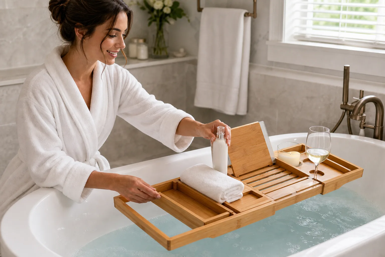 Luxury Extendable Bamboo Bathtub Caddy with Toiletries Luxury Extendable Bamboo Bathtub Caddy with Toiletries