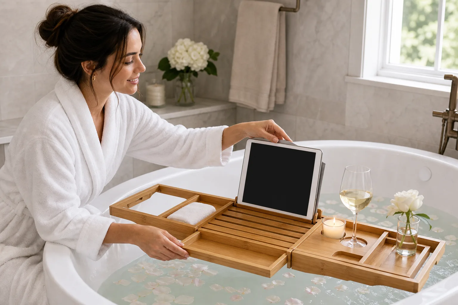 Luxury Extendable Bamboo Bathtub Caddy with Tablet Holder Luxury Extendable Bamboo Bathtub Caddy with Tablet Holder