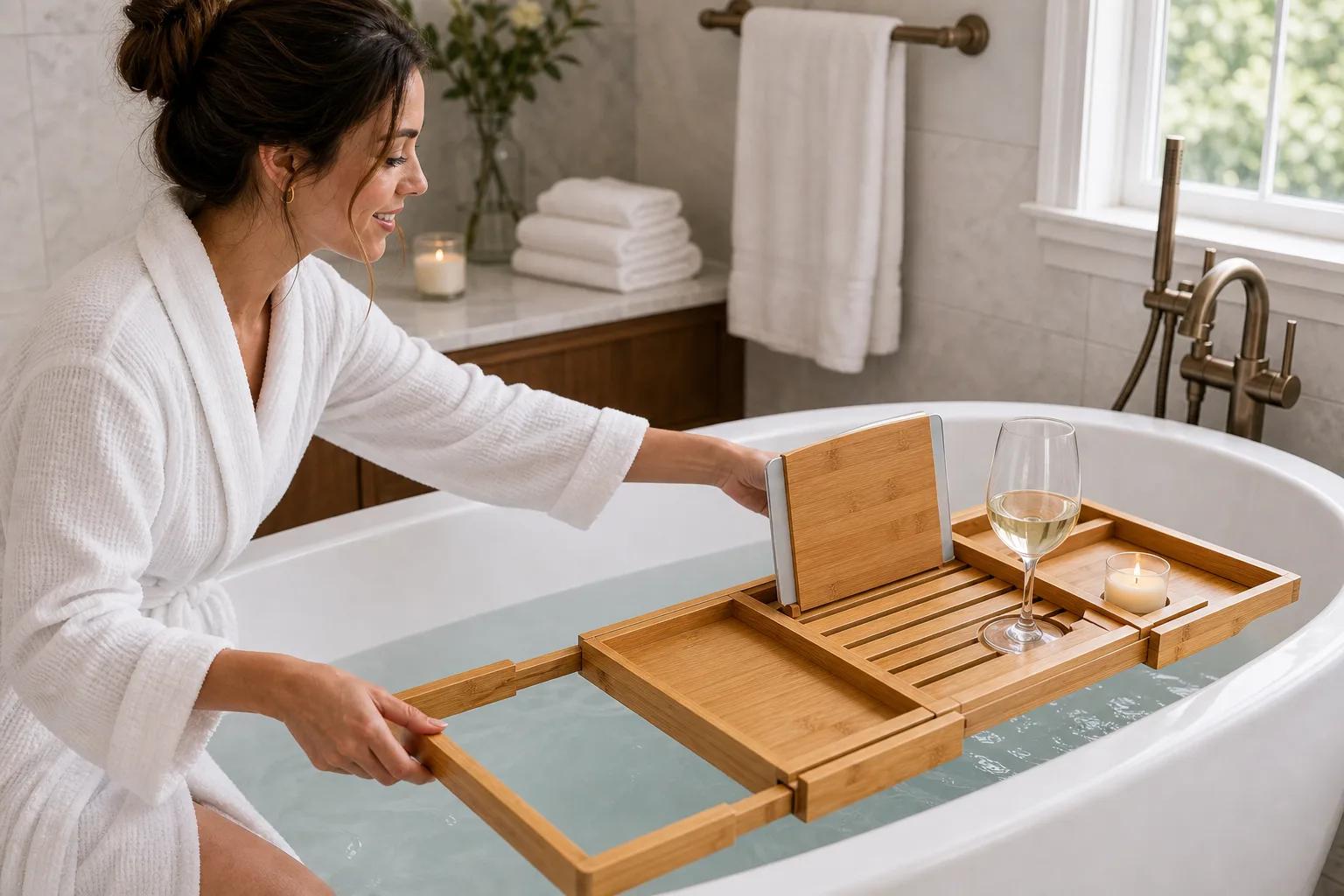 Luxury Extendable Bamboo Bathtub Caddy Adjusted Across Tub Luxury Extendable Bamboo Bathtub Caddy Adjusted Across Tub