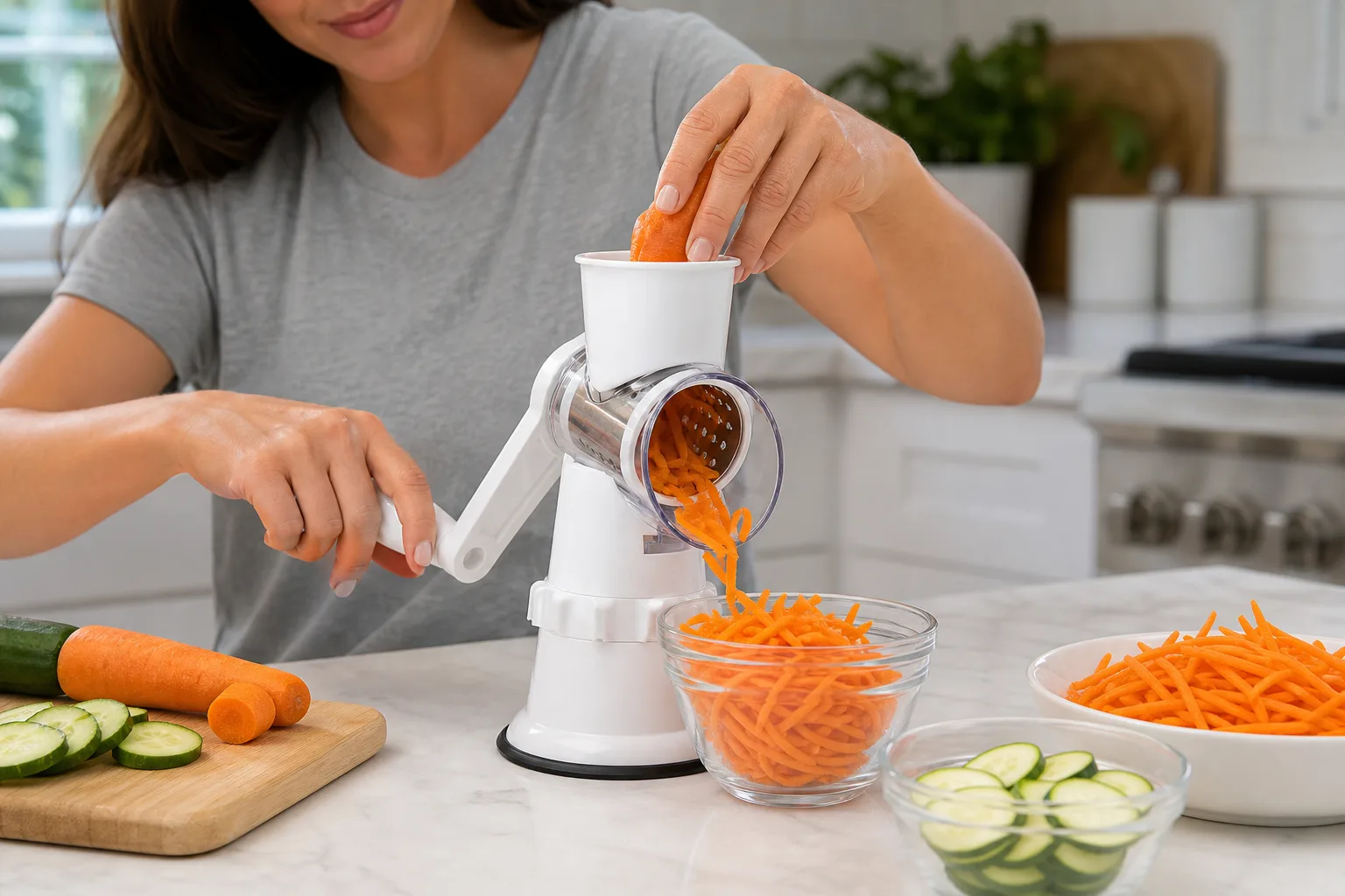 Manual Rotary Vegetable Slicer in Bright Kitchen Prep Manual Rotary Vegetable Slicer in Bright Kitchen Prep