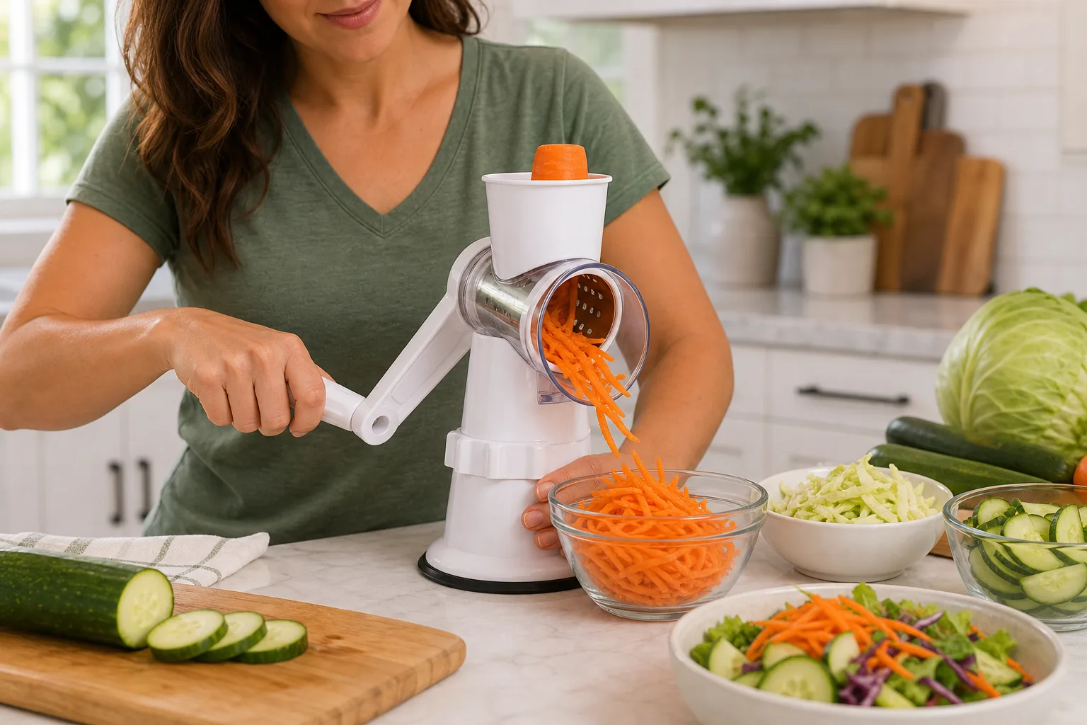 Rotary Vegetable Slicer Making Salad Toppings Person turning the handle of a white countertop rotary slicer as shredded carrots fall into a bowl