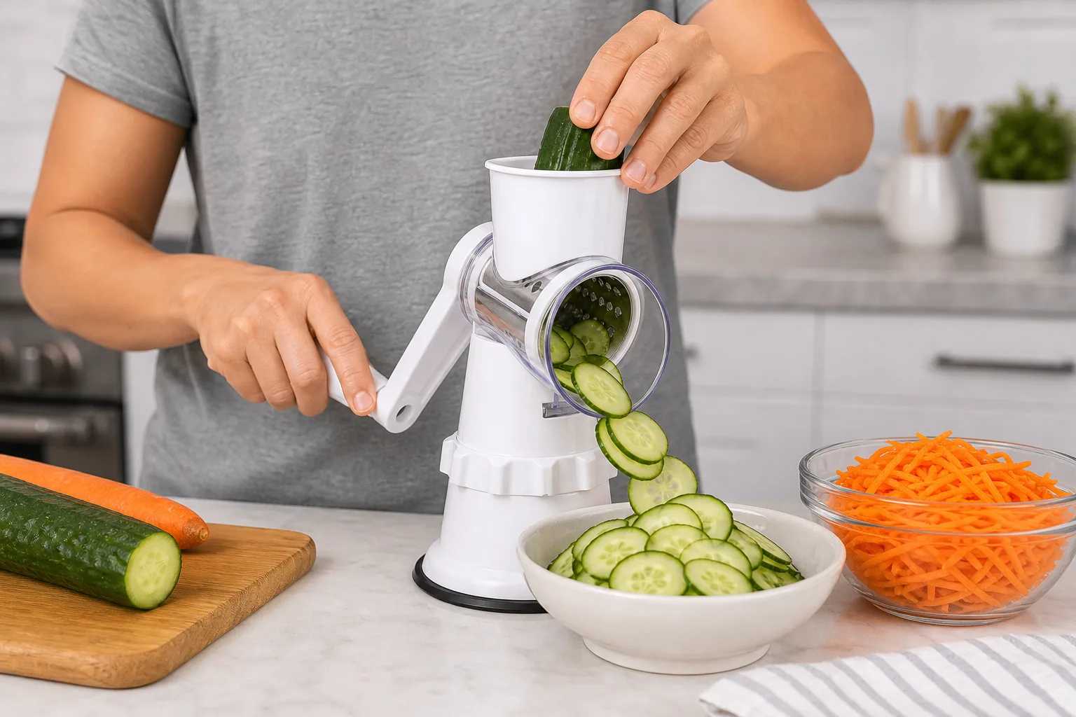 White Manual Slicer Preparing Cucumber Rounds Person placing cucumber into a white manual rotary slicer while cucumber slices collect in a bowl
