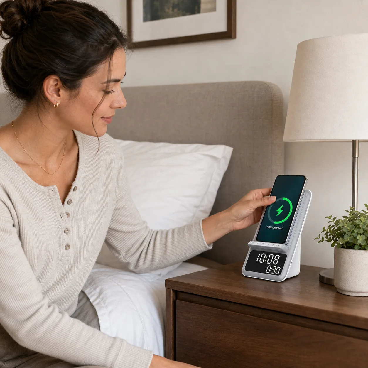 Wireless Charging Alarm Clock on a Bedroom Nightstand Wireless Charging Alarm Clock on a Bedroom Nightstand