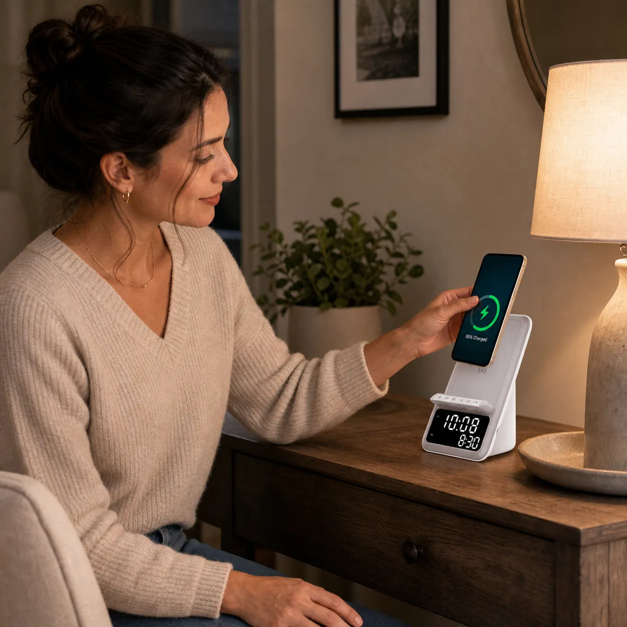 Wireless Charging Clock Checked on a Living Room Side Table Wireless Charging Clock Checked on a Living Room Side Table