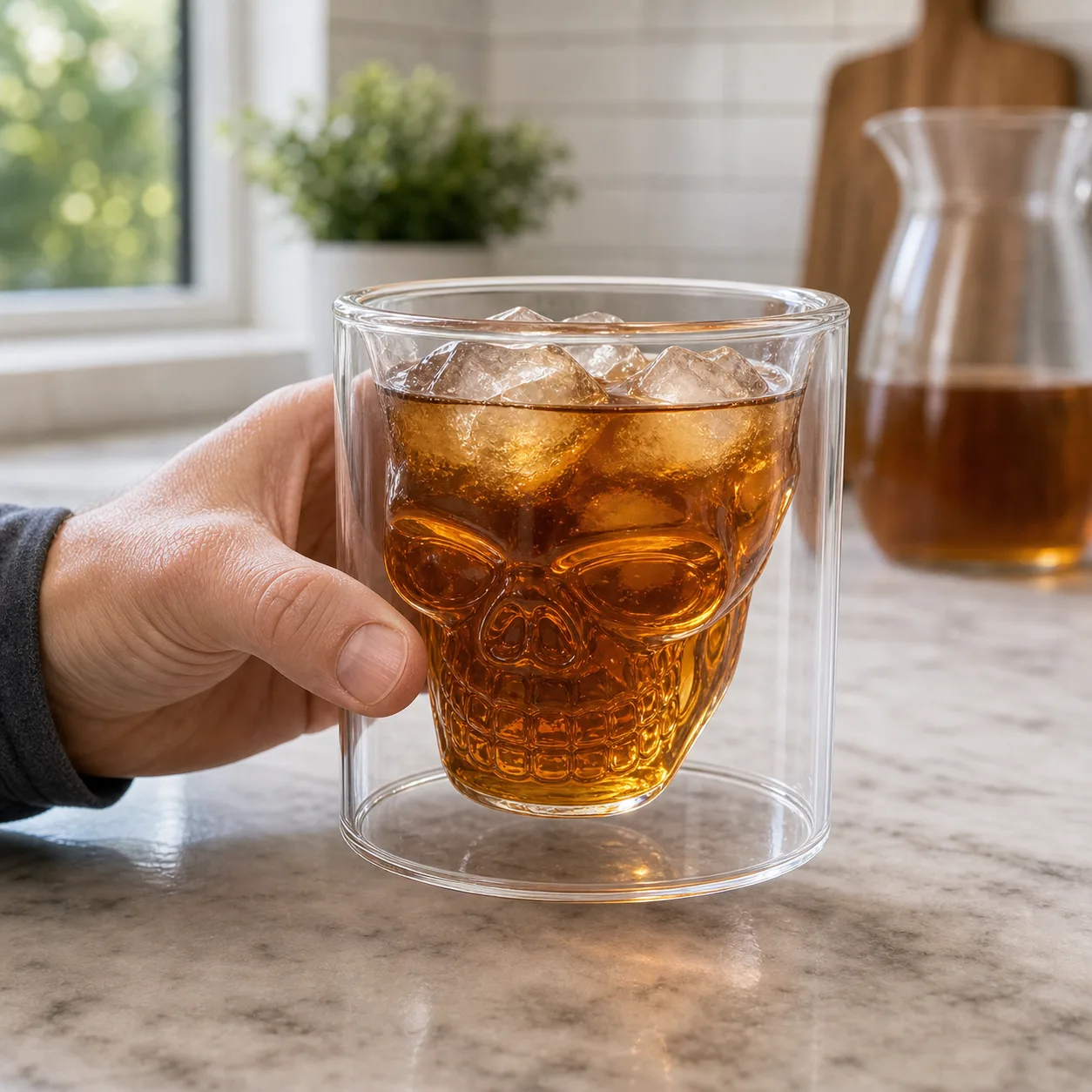 Holding skull double-wall glass with iced tea Holding skull double-wall glass with iced tea