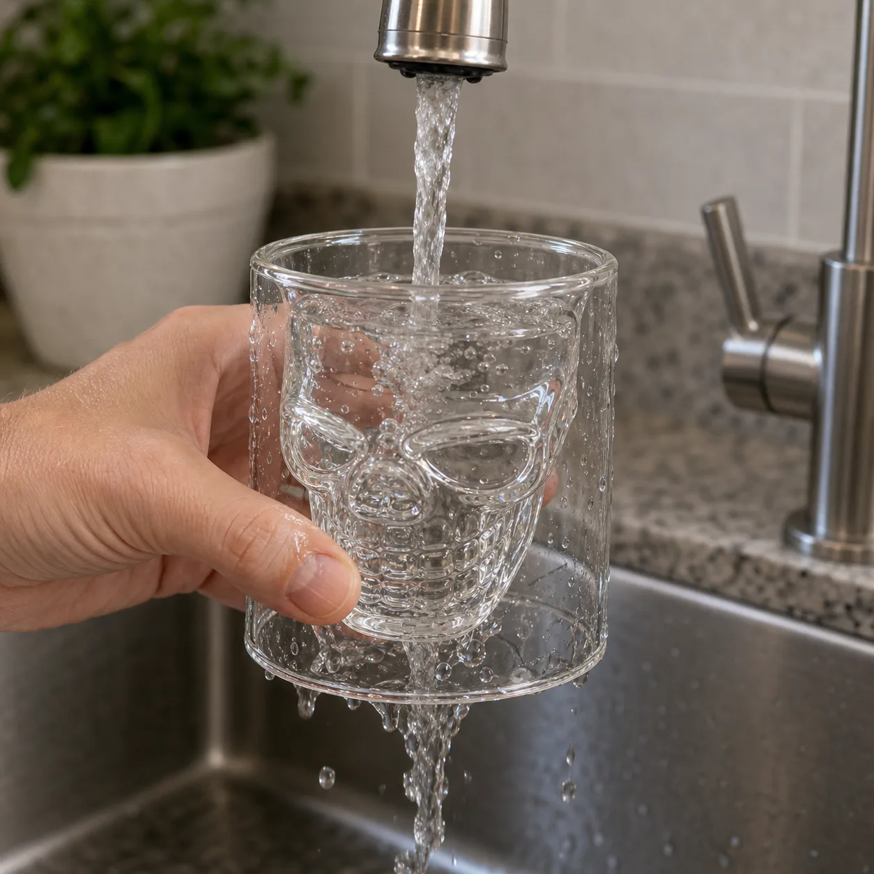 Rinsing transparent skull glass at kitchen sink Rinsing transparent skull glass at kitchen sink