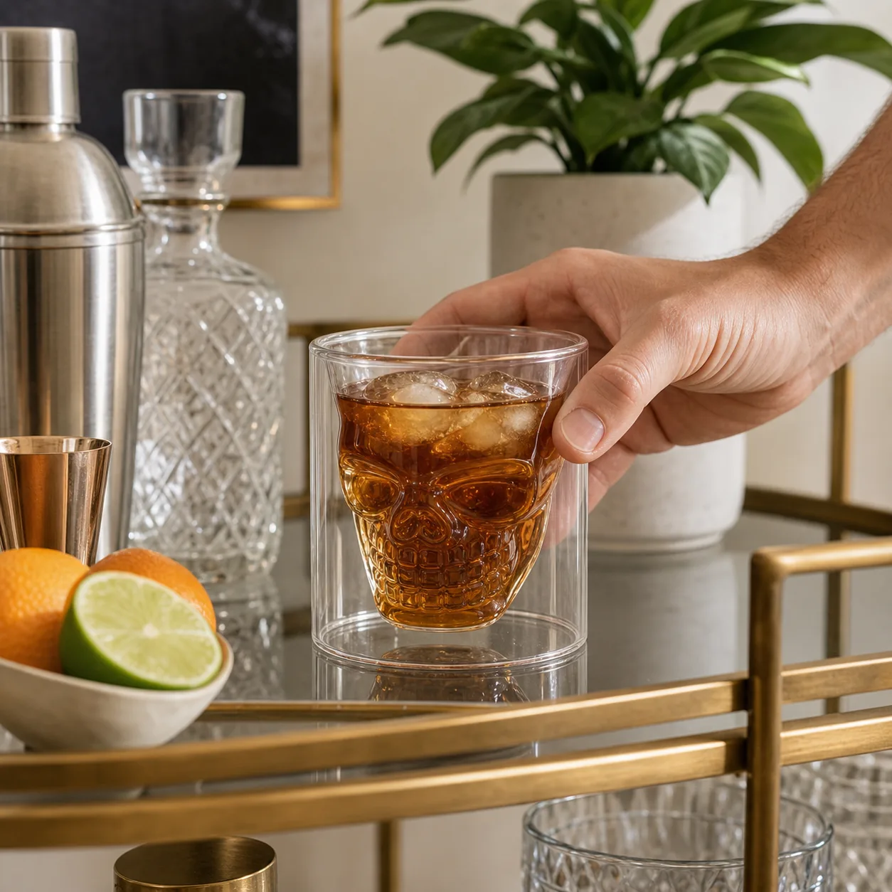 Setting skull glass on home bar cart Setting skull glass on home bar cart