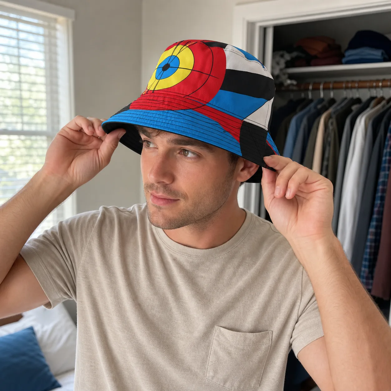 Adjusting reversible graphic bucket hat in bedroom closet Adjusting reversible graphic bucket hat in bedroom closet