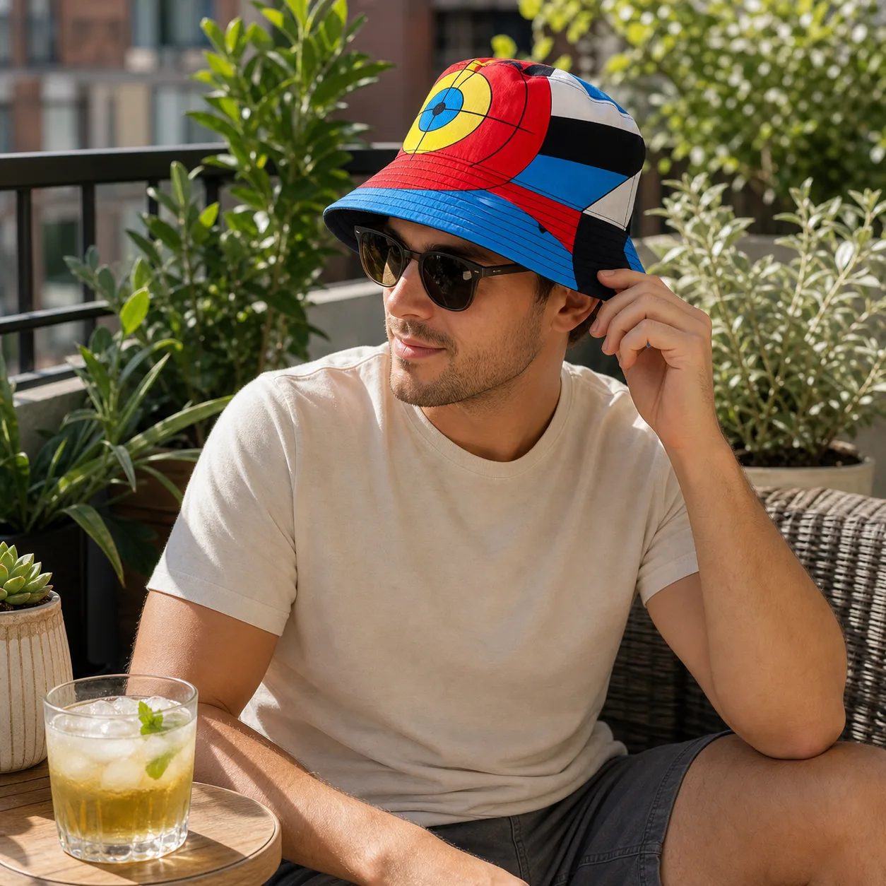 Wearing colorful reversible bucket hat on sunny patio Wearing colorful reversible bucket hat on sunny patio