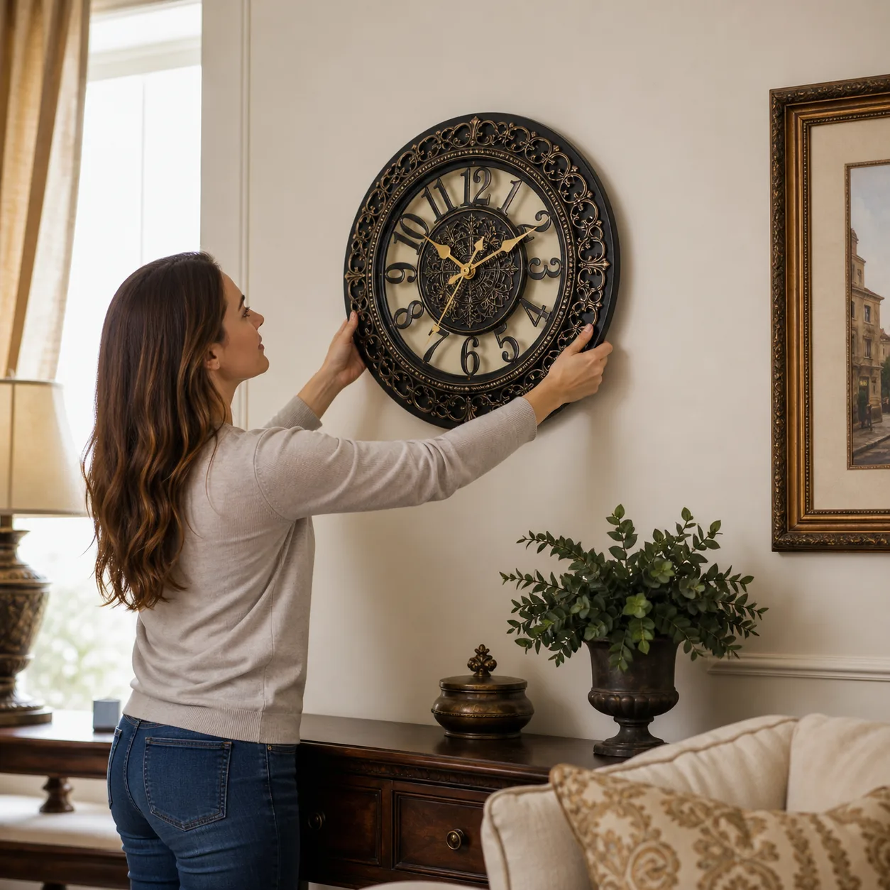 Retro Ornate Wall Clock Being Installed Retro Ornate Wall Clock Being Installed