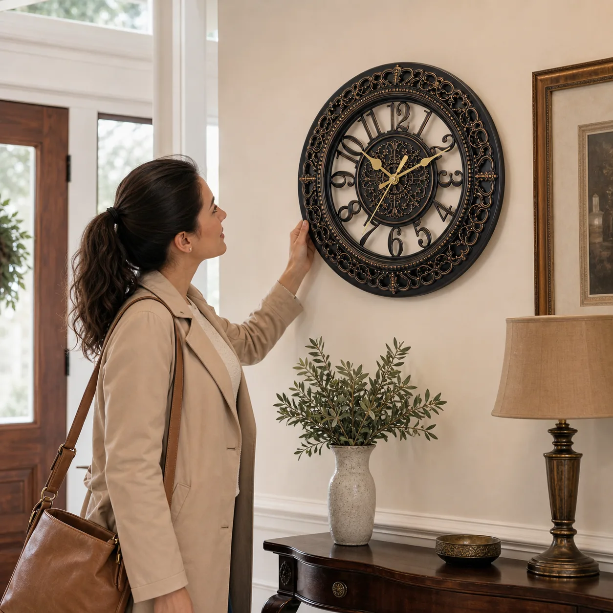 Retro Ornate Wall Clock Checked in Foyer Retro Ornate Wall Clock Checked in Foyer