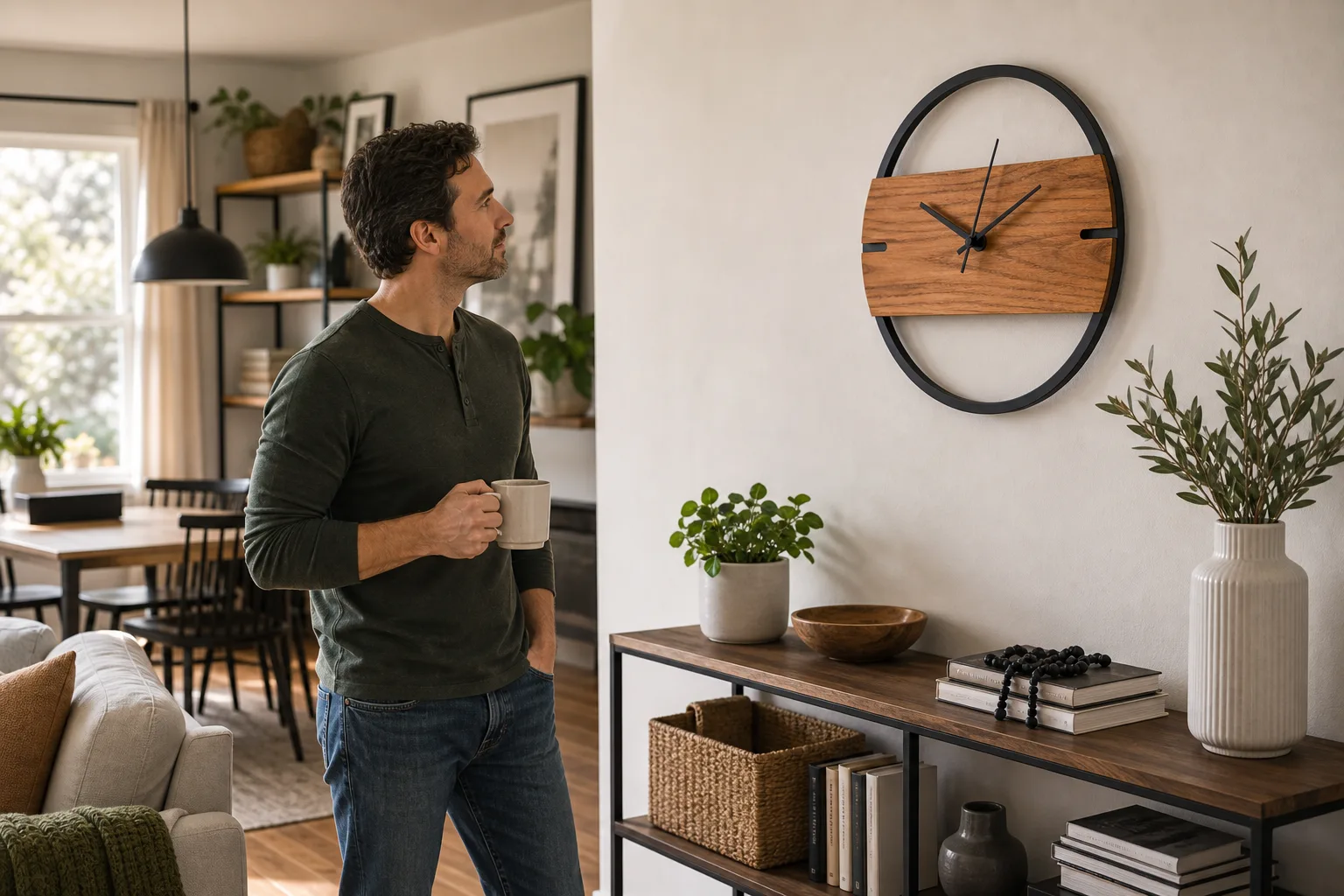 Checking Time on a Wood and Metal Wall Clock Checking Time on a Wood and Metal Wall Clock