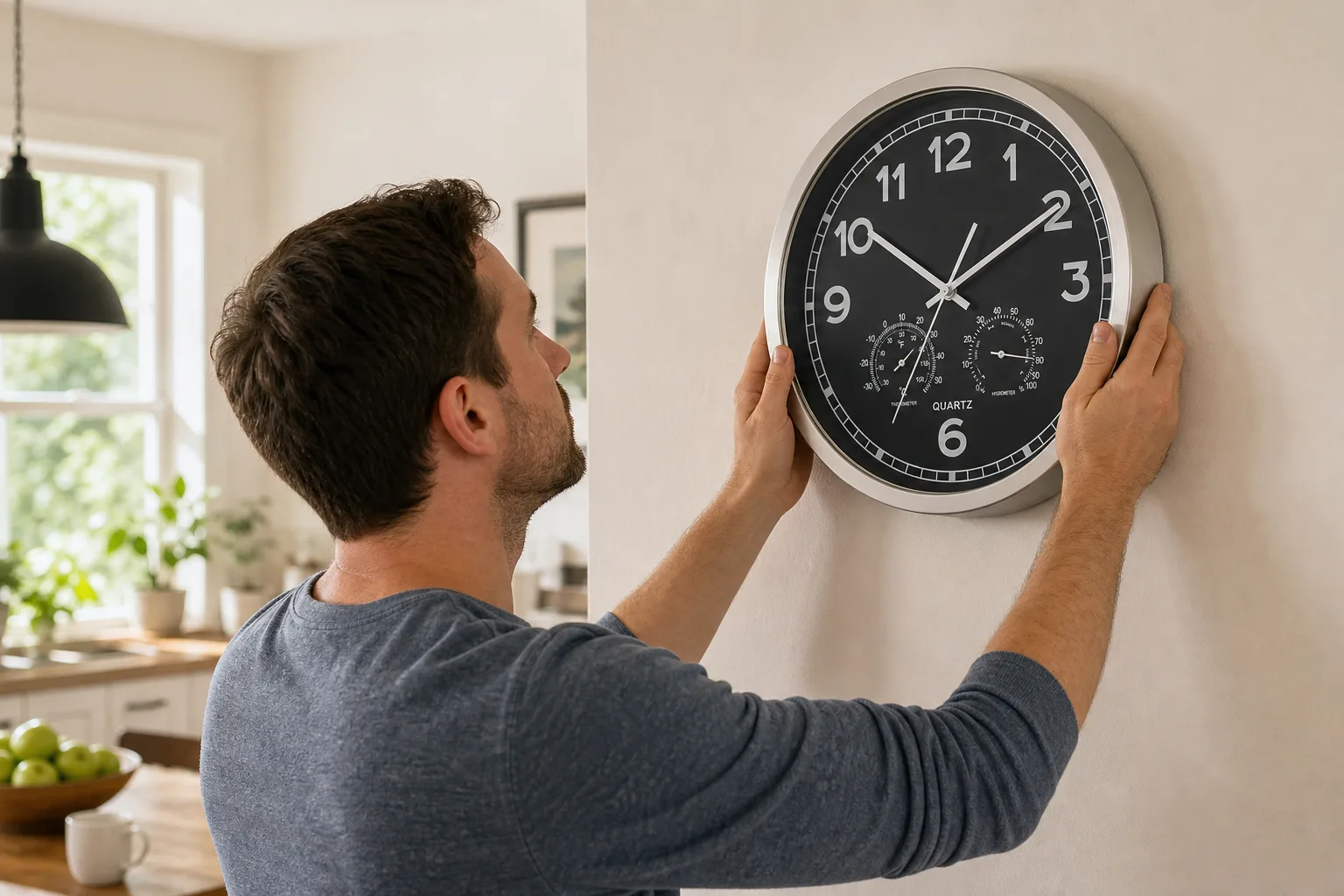 Modern Wall Clock Installed in Bright Kitchen Modern Wall Clock Installed in Bright Kitchen