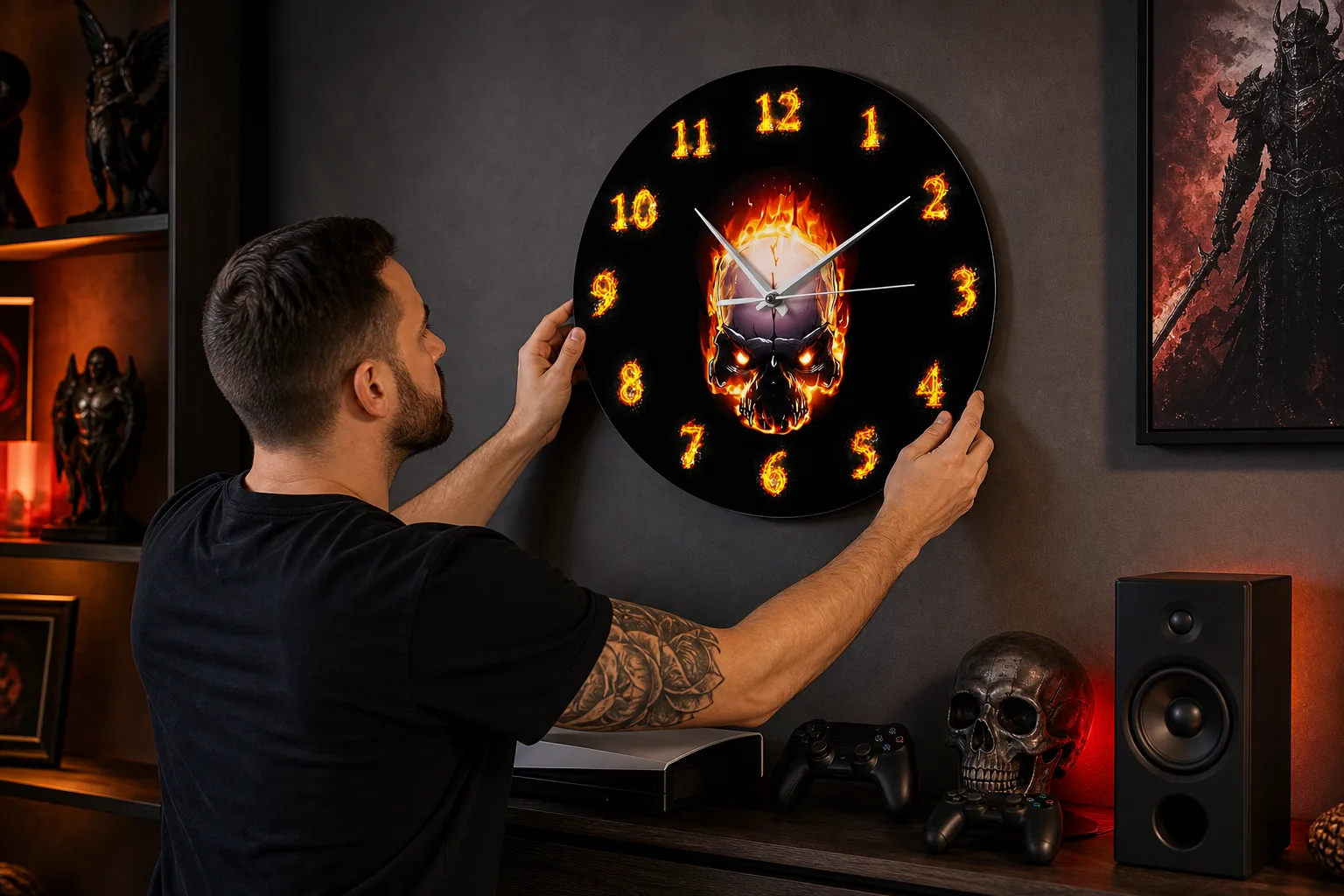 Fire Skull Wall Clock in Game Room Fire Skull Wall Clock in Game Room