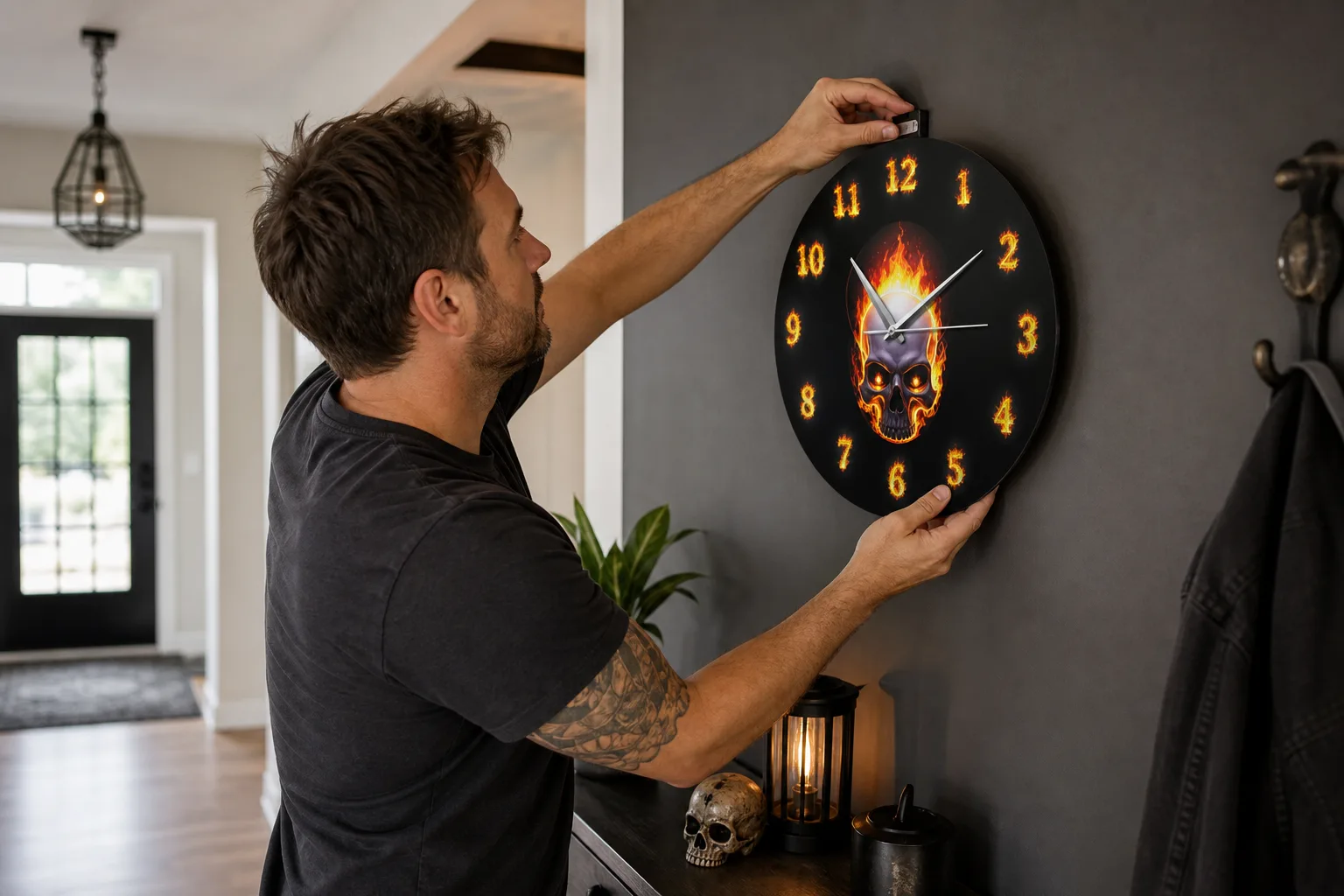 Fire Skull Wall Clock Being Hung Fire Skull Wall Clock Being Hung