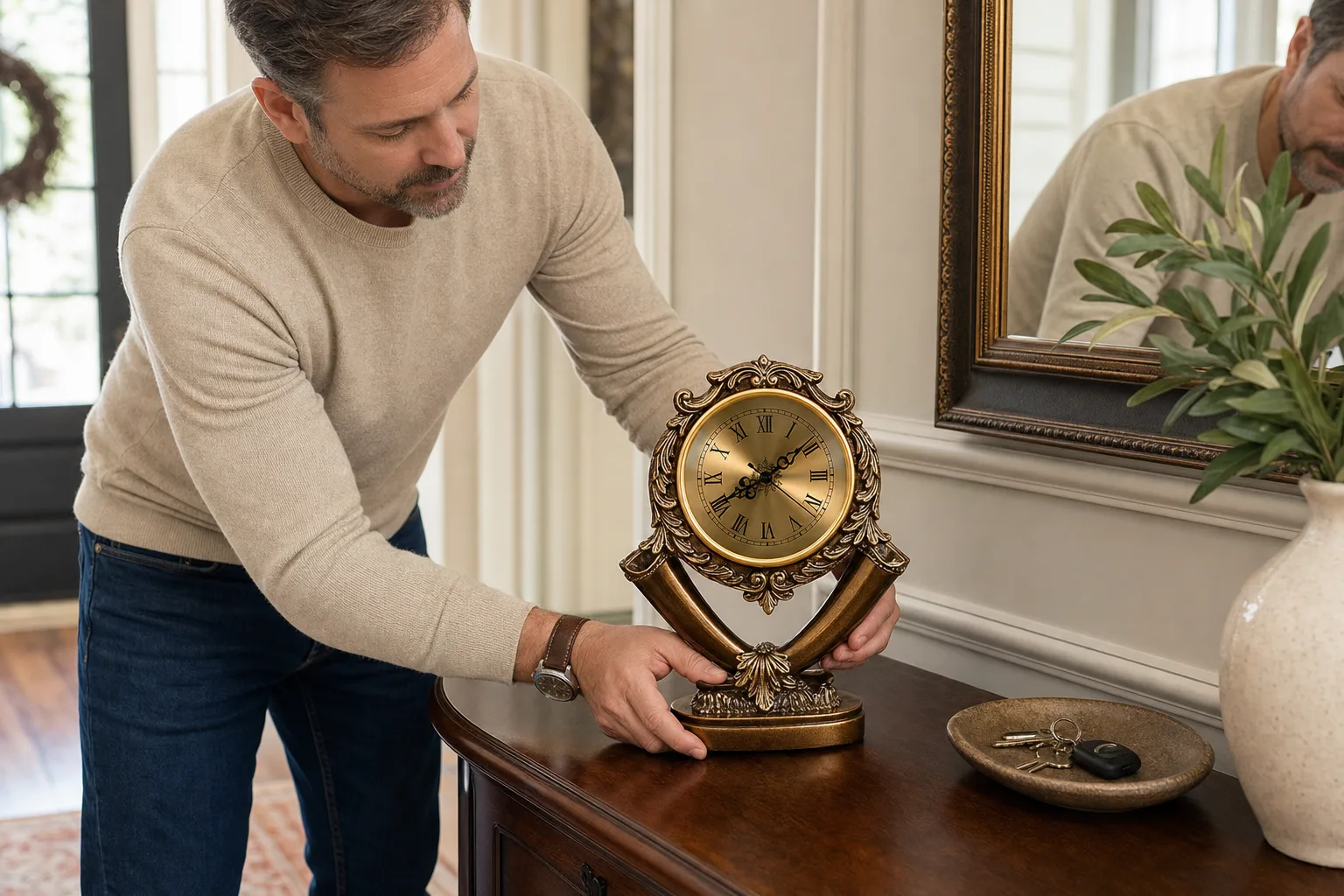 Ornate vintage desk clock styled on an entryway console Ornate vintage desk clock styled on an entryway console