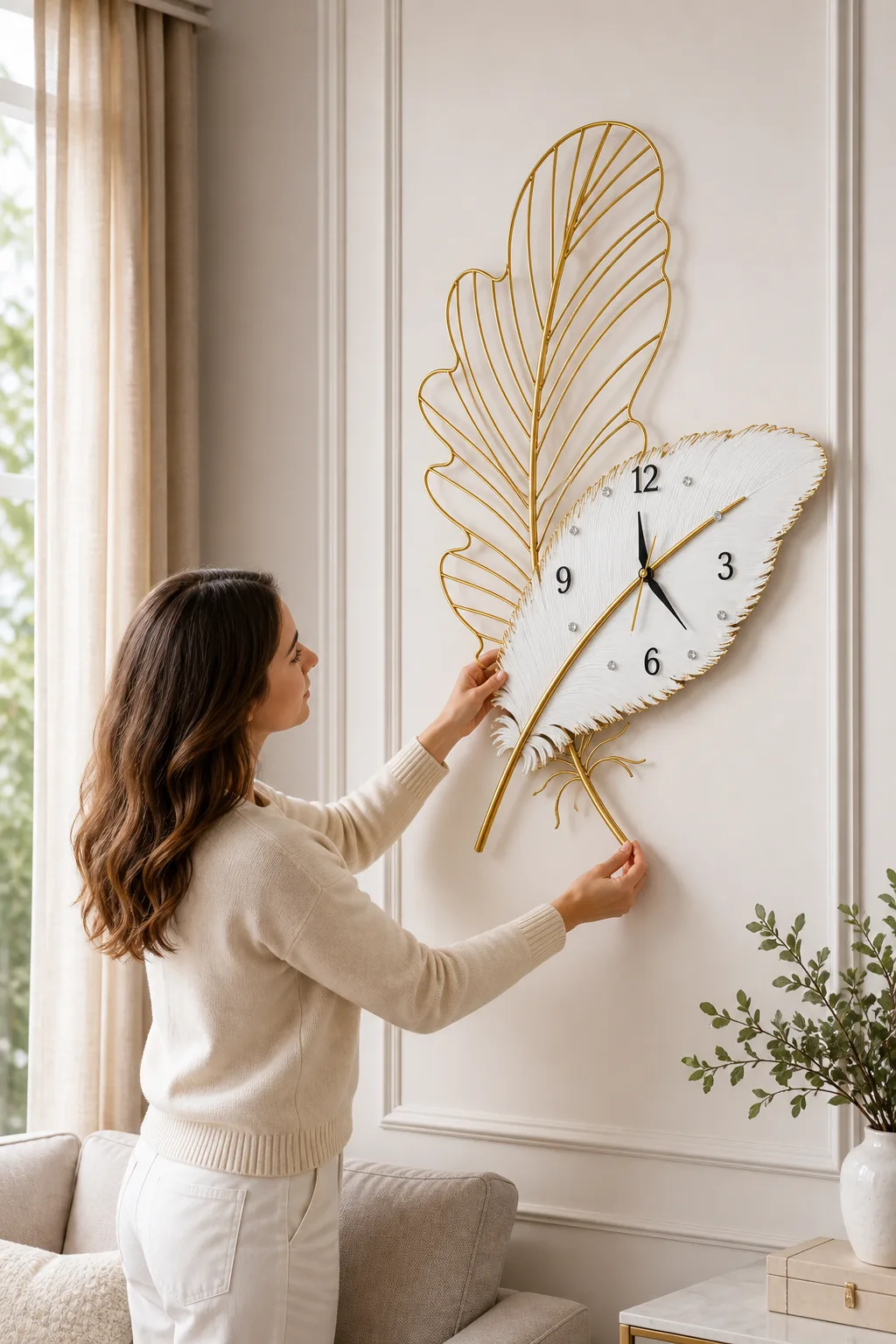 Gold Feather Wall Clock Being Hung in a Bright Living Room Gold Feather Wall Clock Being Hung in a Bright Living Room