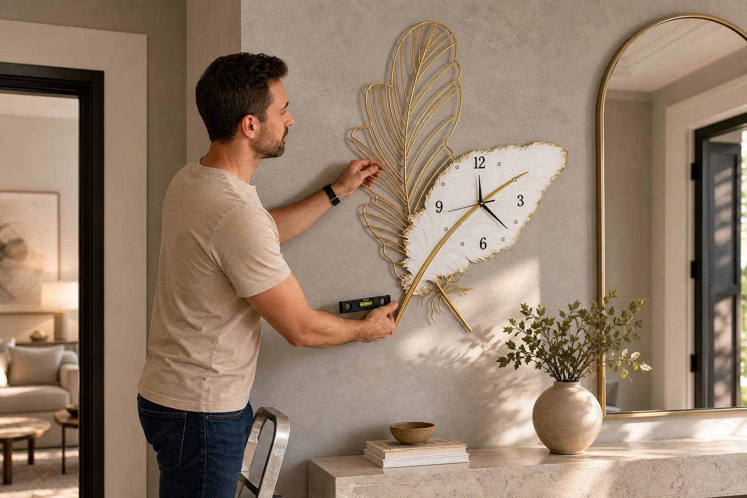 Gold Feather Wall Clock Aligned in a Modern Entryway Gold Feather Wall Clock Aligned in a Modern Entryway