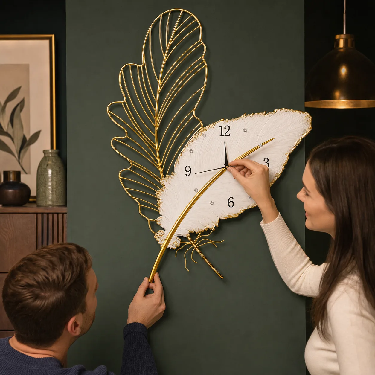 Gold Feather Wall Clock Adjusted on a Dark Green Accent Wall Gold Feather Wall Clock Adjusted on a Dark Green Accent Wall